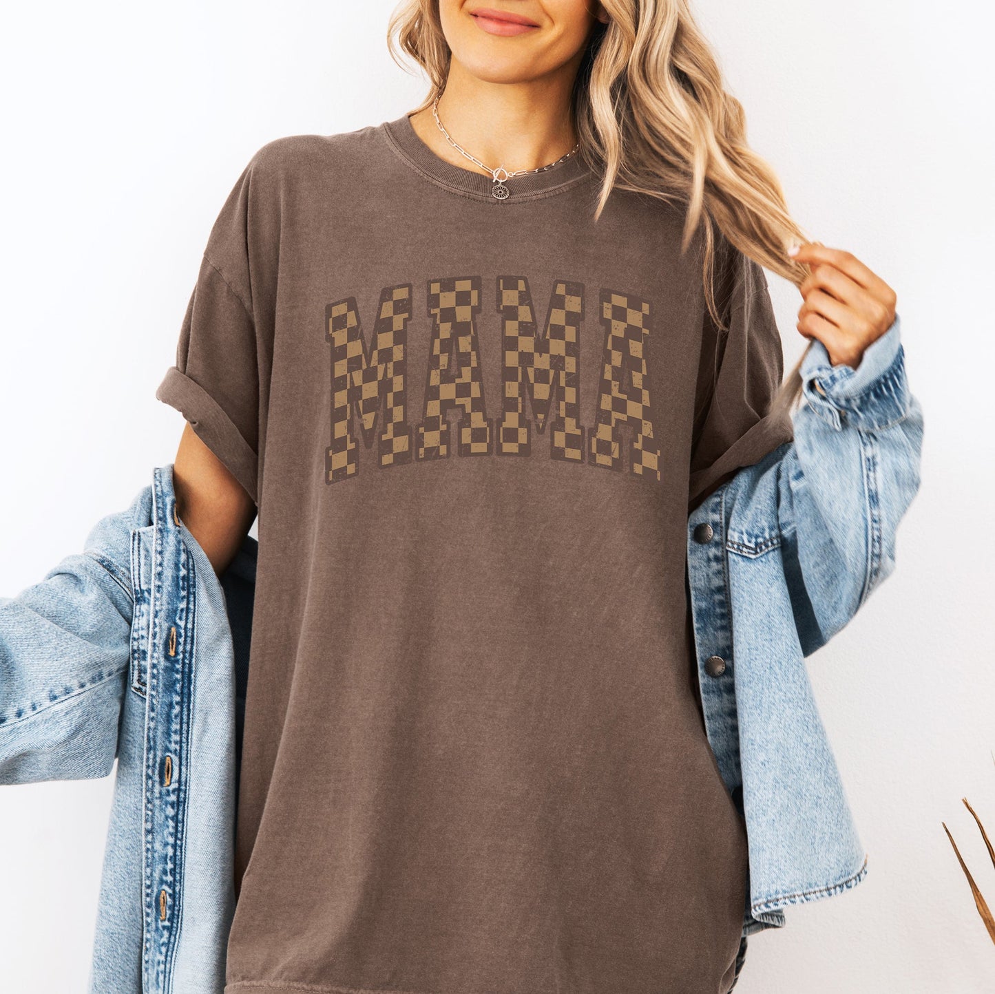 Mama, Brown Checkered, Retro, Varsity, Mother's Day Tshirt Comfort Colors T-Shirt