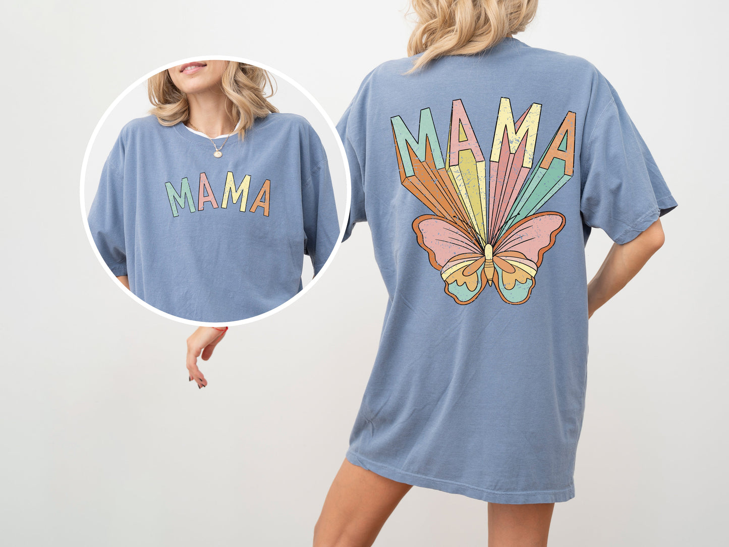 Mama, Butterfly, Colorful, Mother's Day, Mother, Front and Back, Pastel, Retro, Psychedelic, Tshirt Comfort Colors T-Shirt