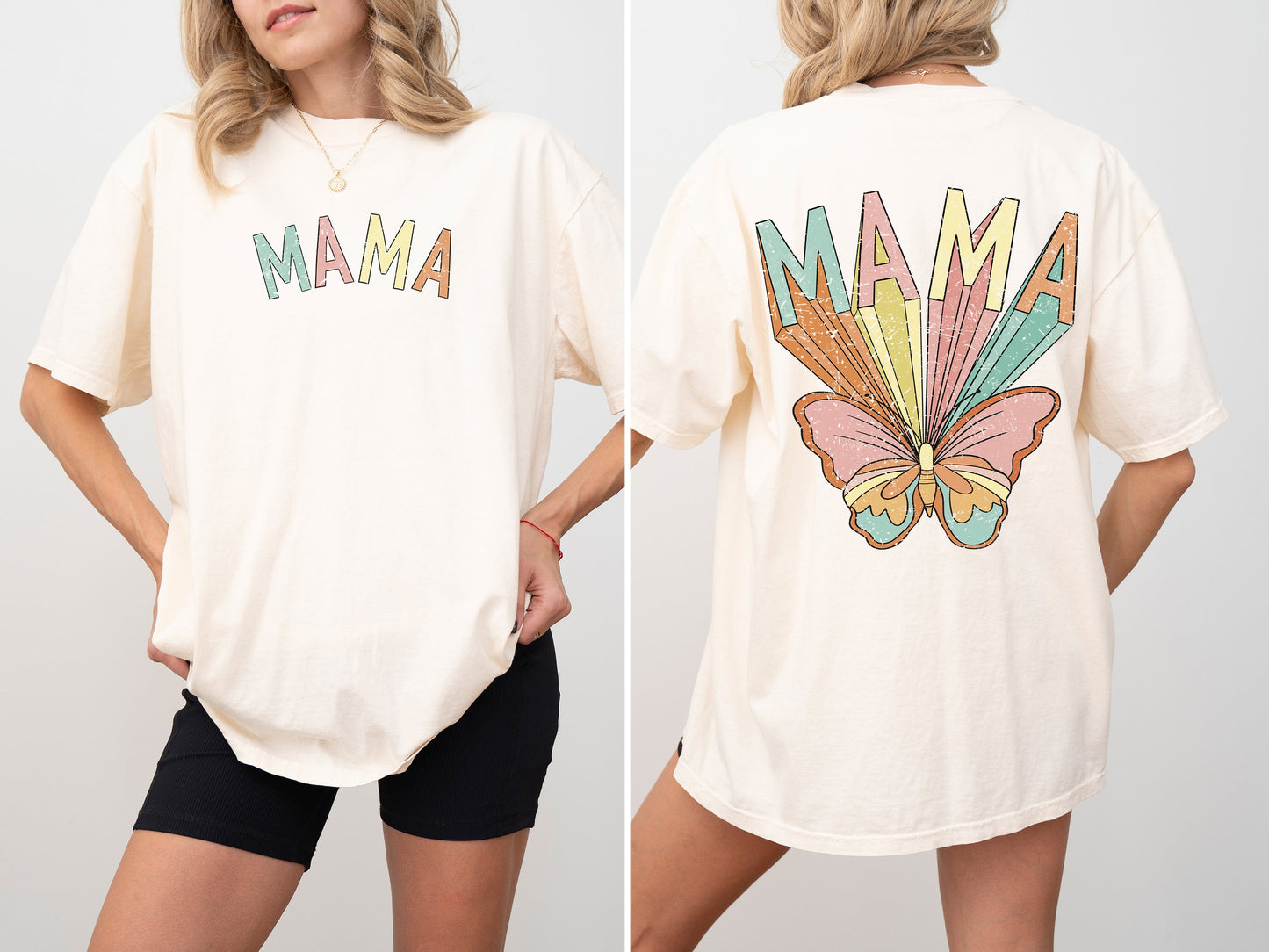 Mama, Butterfly, Colorful, Mother's Day, Mother, Front and Back, Pastel, Retro, Psychedelic, Tshirt Comfort Colors T-Shirt