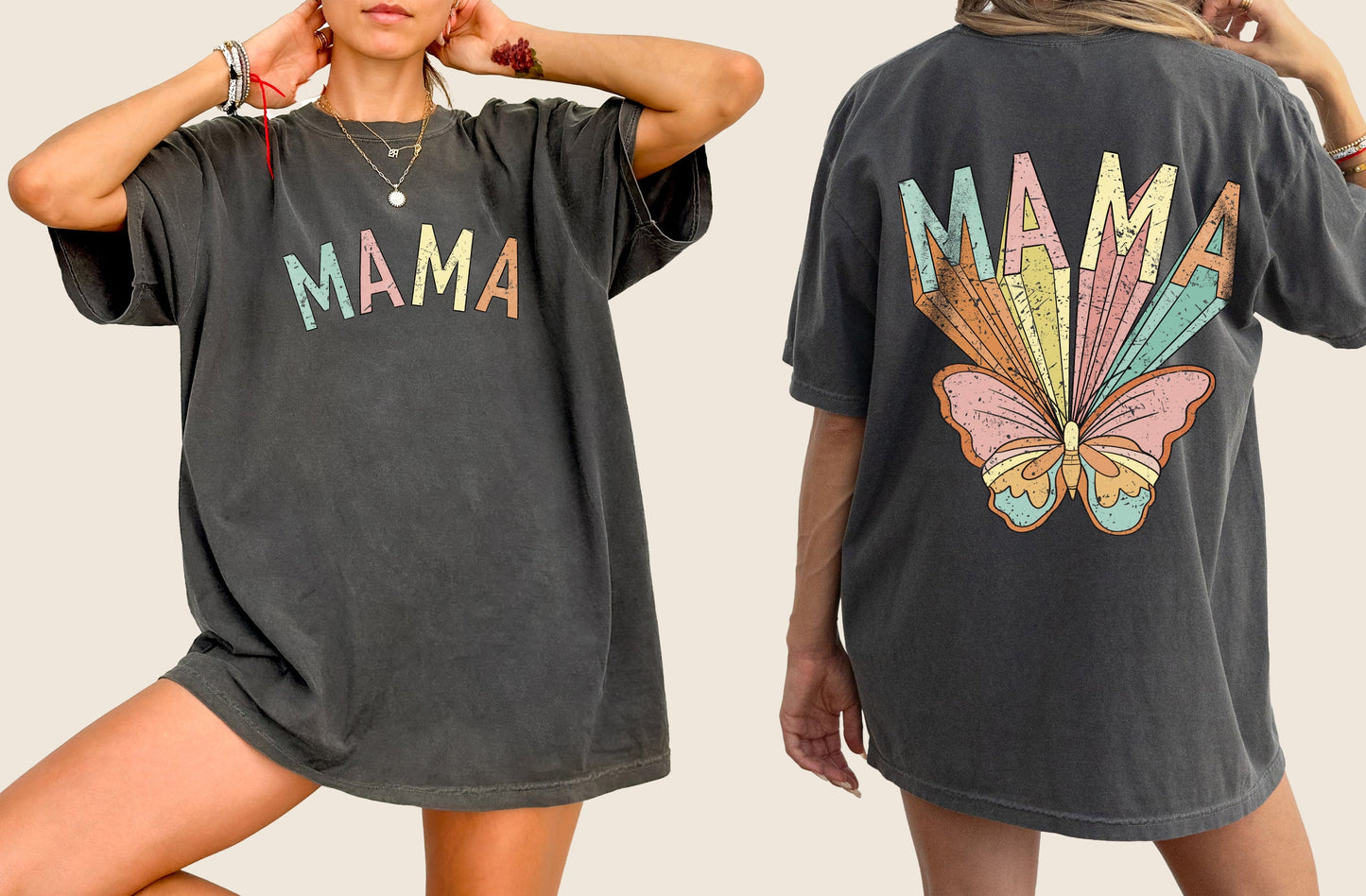 Mama, Butterfly, Colorful, Mother's Day, Mother, Front and Back, Pastel, Retro, Psychedelic, Tshirt Comfort Colors T-Shirt