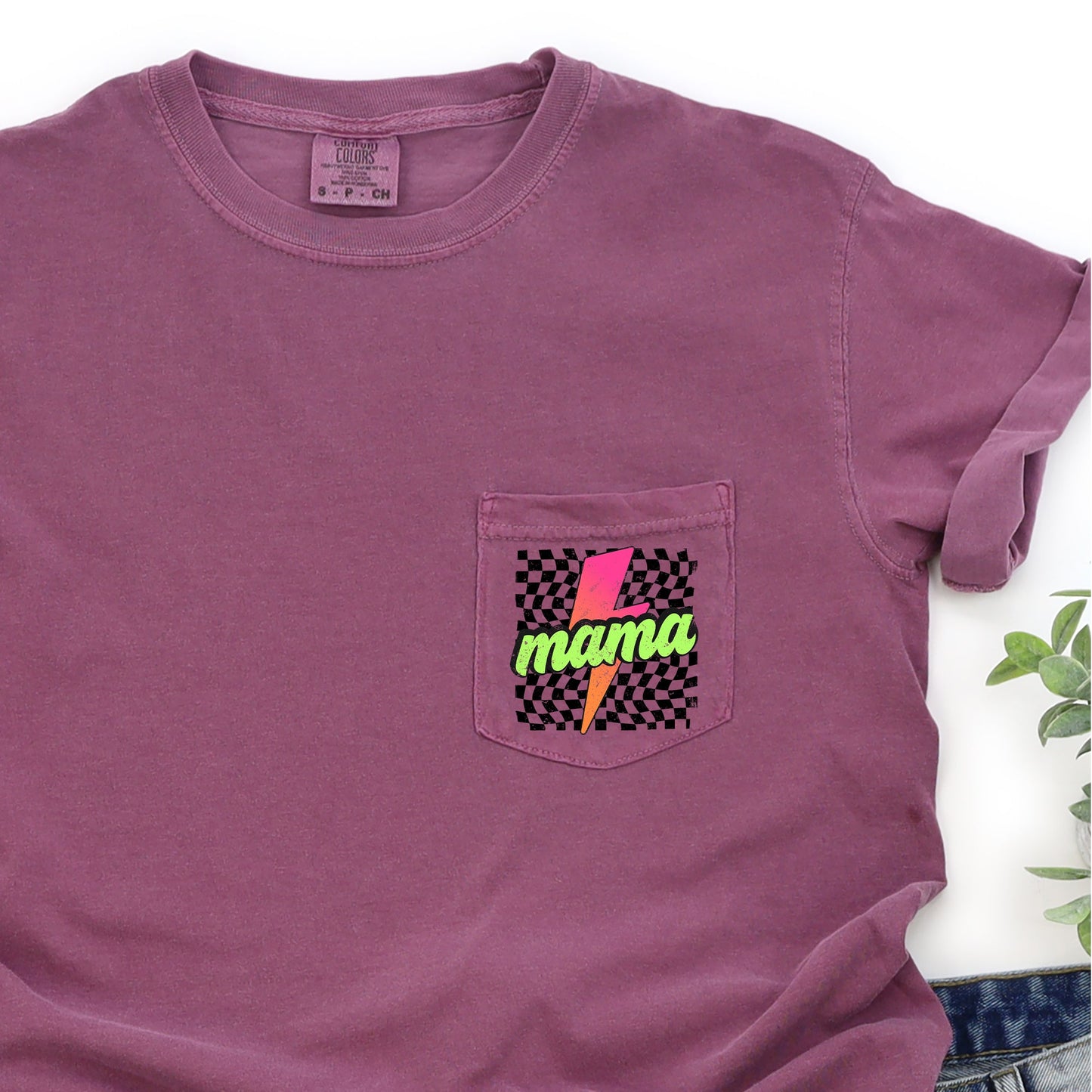 Mama, Checkered, Lightening Bolt, Colorful, Pocket Tee Comfort Colors T-Shirt