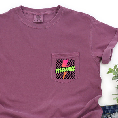 Mama, Checkered, Lightening Bolt, Colorful, Pocket Tee Comfort Colors T-Shirt