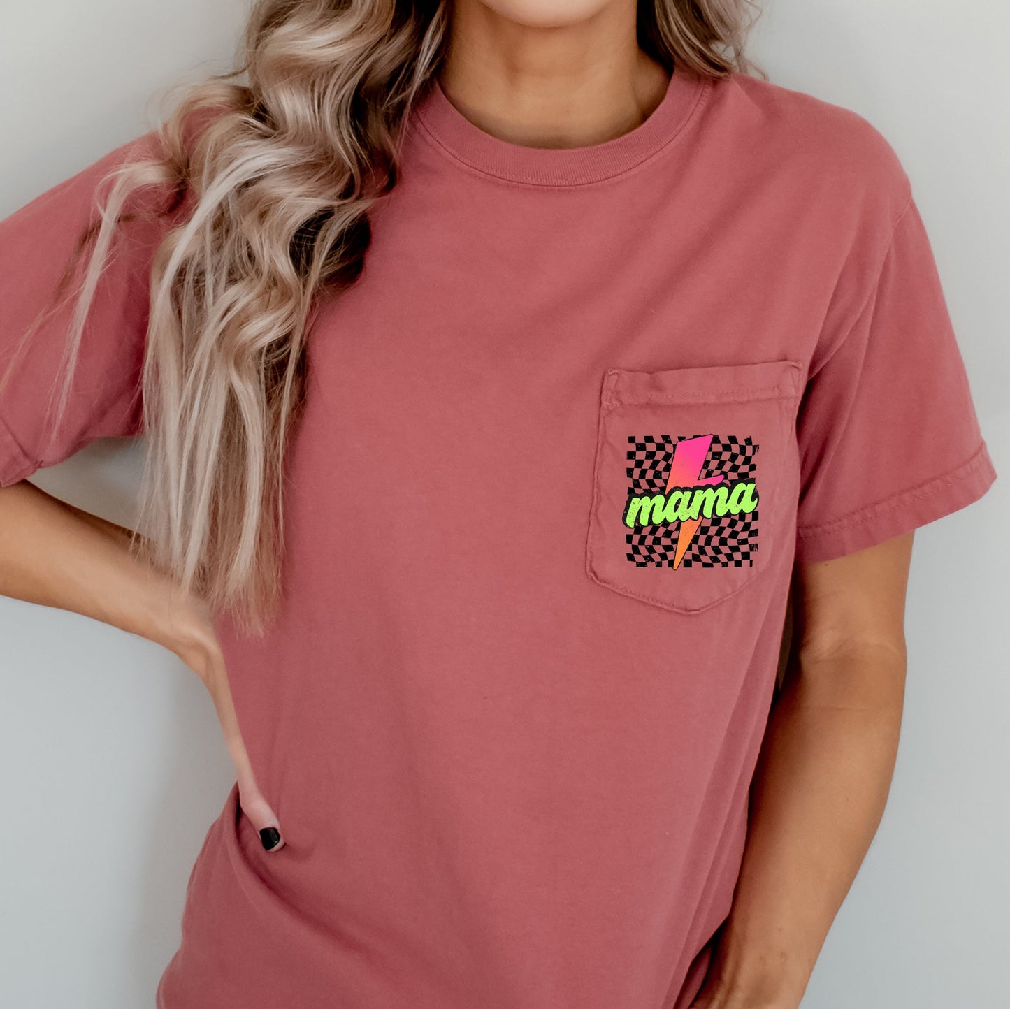 Mama, Checkered, Lightening Bolt, Colorful, Pocket Tee Comfort Colors T-Shirt