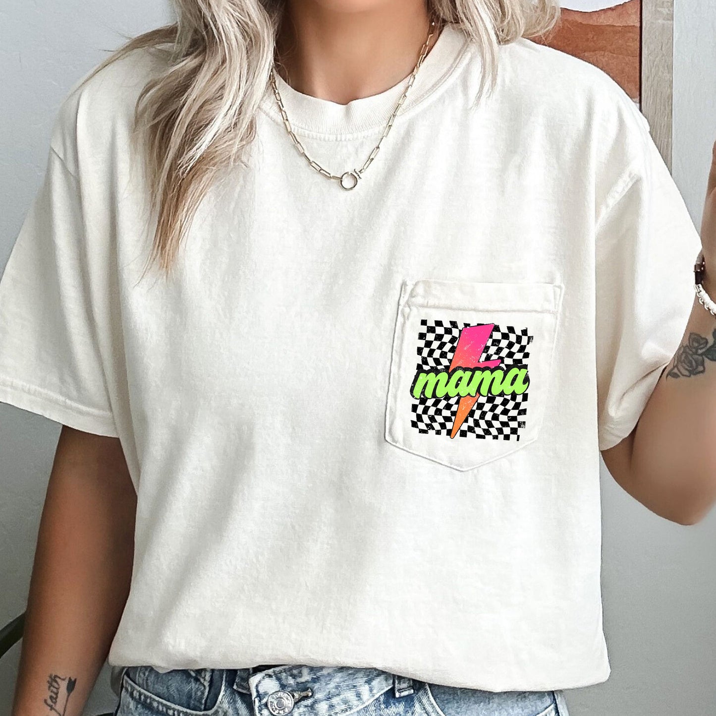 Mama, Checkered, Lightening Bolt, Colorful, Pocket Tee Comfort Colors T-Shirt