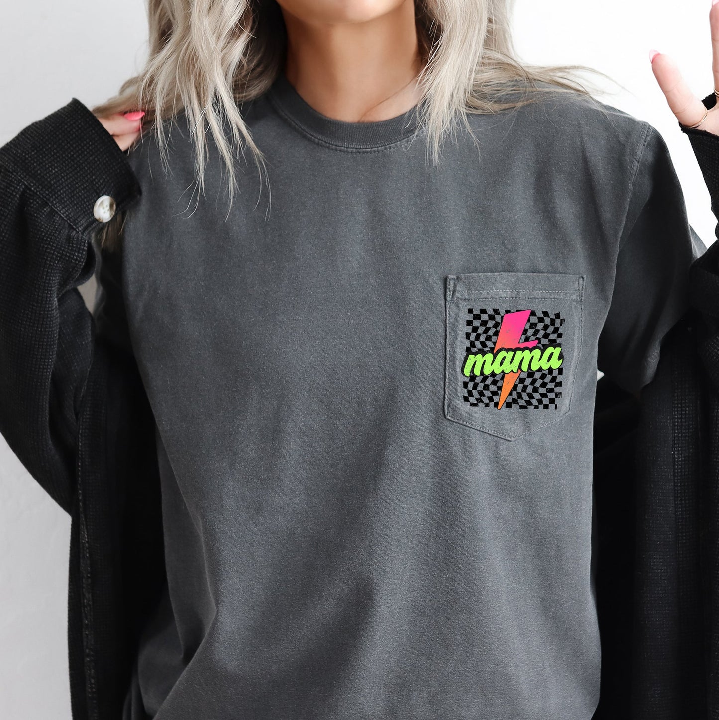 Mama, Checkered, Lightening Bolt, Colorful, Pocket Tee Comfort Colors T-Shirt