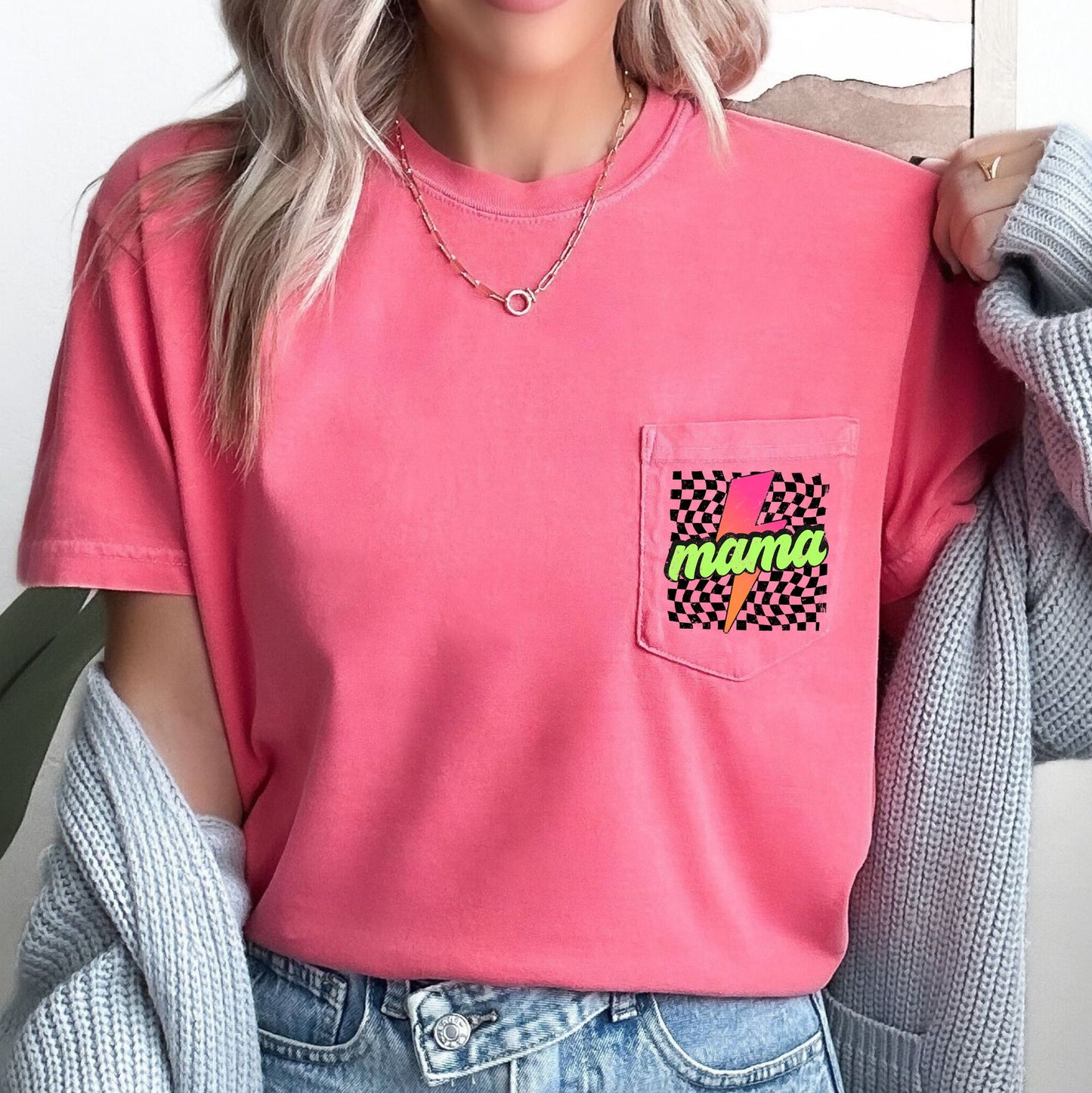Mama, Checkered, Lightening Bolt, Colorful, Pocket Tee Comfort Colors T-Shirt