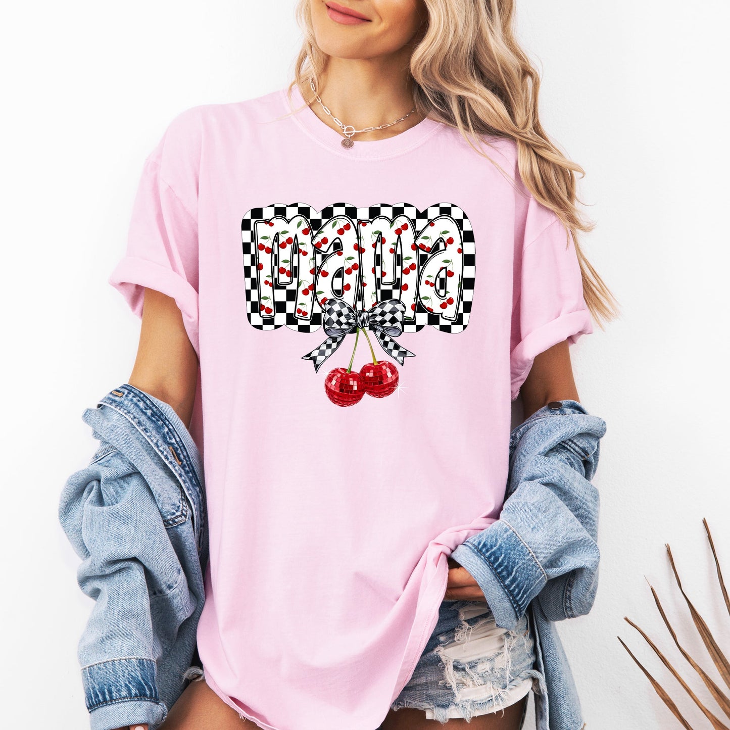 Mama, Cherries, Checkered, Retro, Comfort Colors T-Shirt