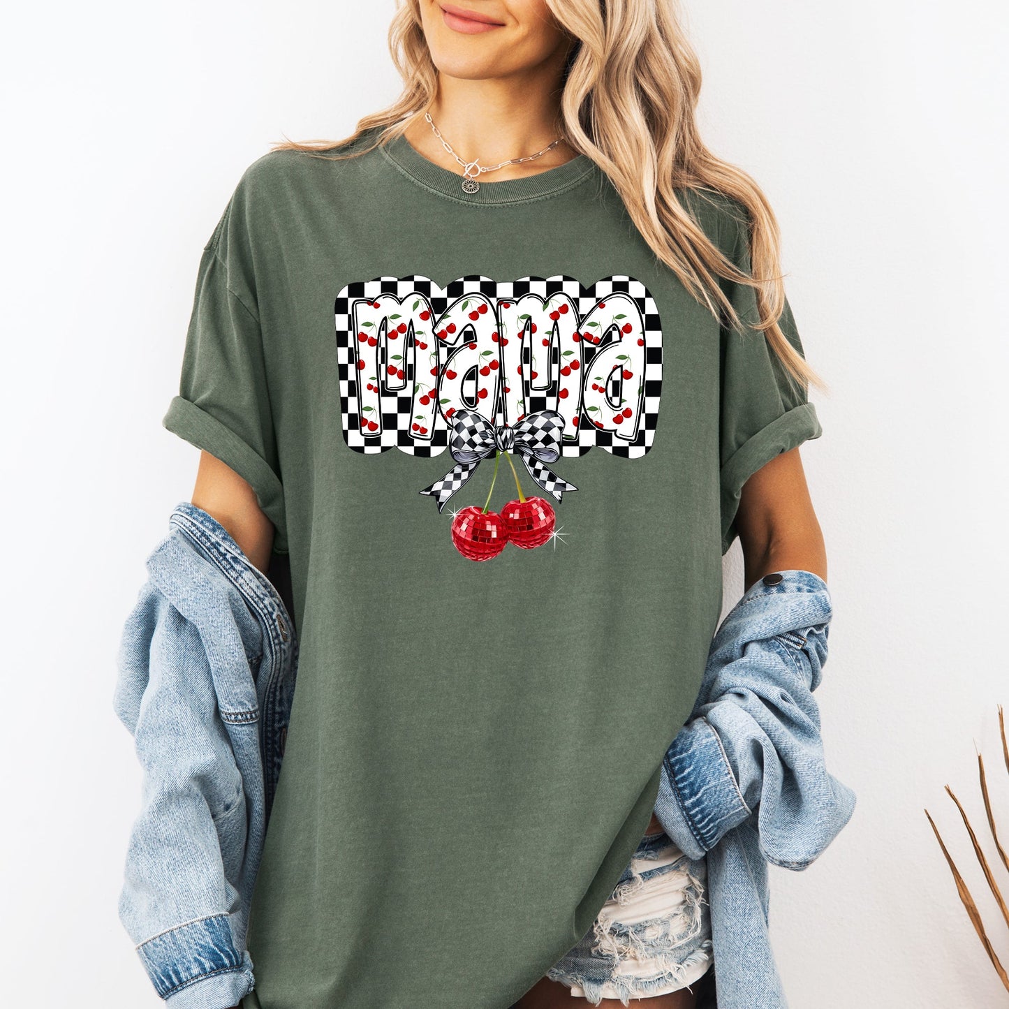 Mama, Cherries, Checkered, Retro, Comfort Colors T-Shirt