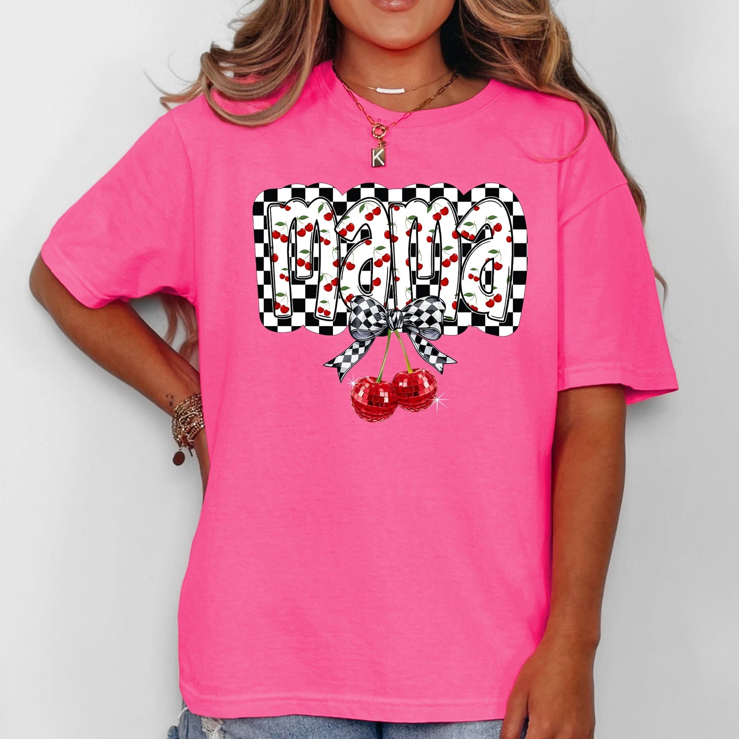 Mama, Cherries, Checkered, Retro, Comfort Colors T-Shirt