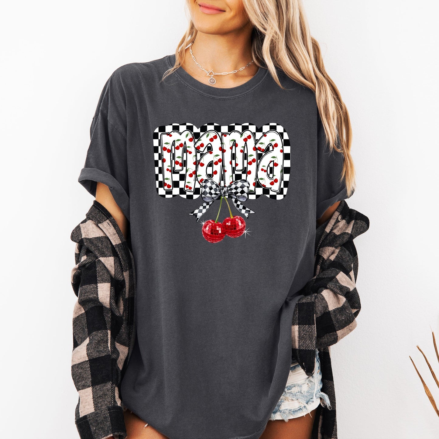 Mama, Cherries, Checkered, Retro, Comfort Colors T-Shirt
