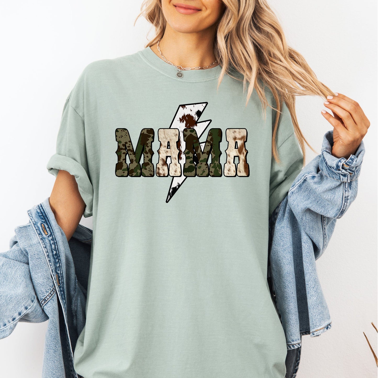 Mama, Cow Print, Checkered, Lightning Bolt, Retro, Mother's Day Tshirt Comfort Colors T-Shirt