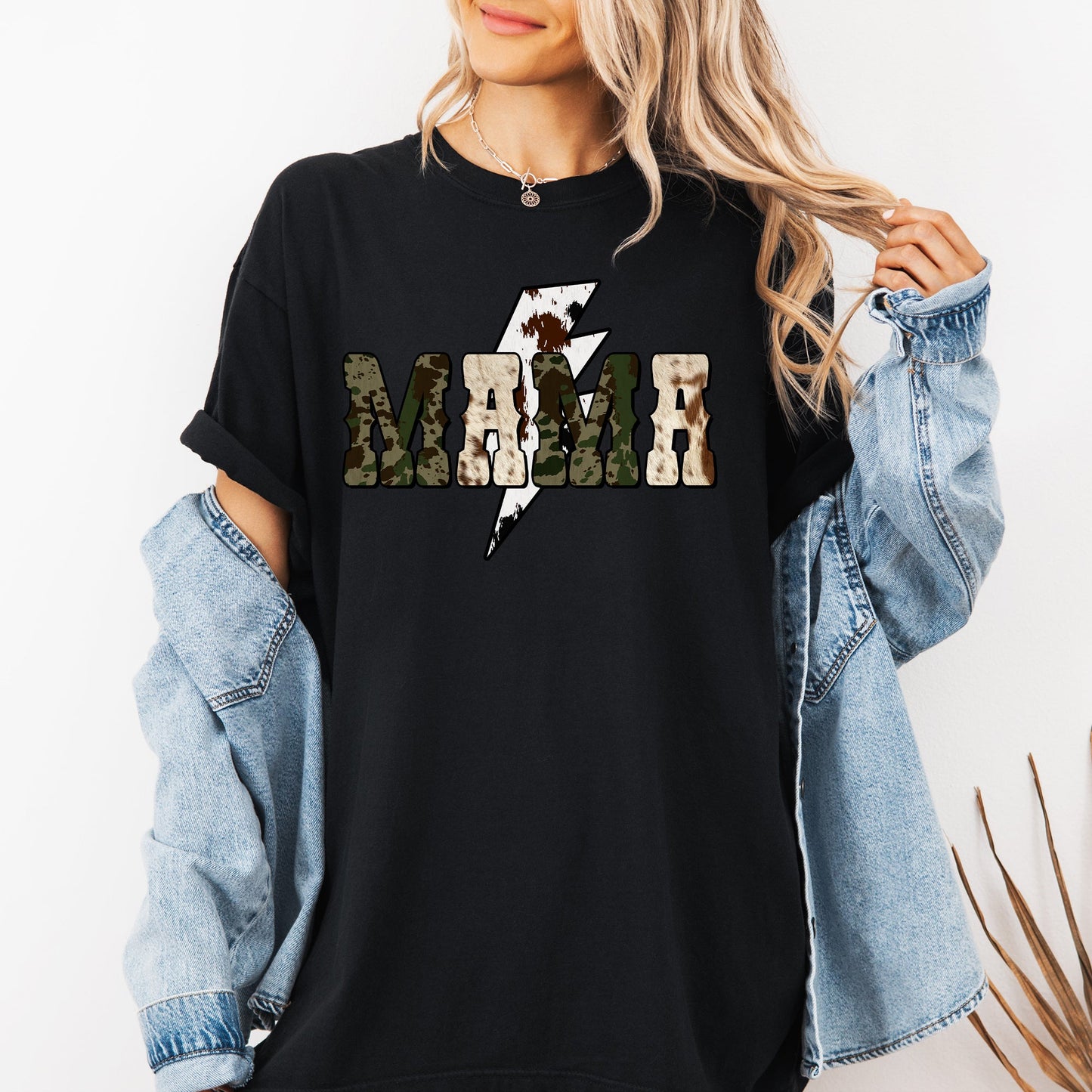 Mama, Cow Print, Checkered, Lightning Bolt, Retro, Mother's Day Tshirt Comfort Colors T-Shirt