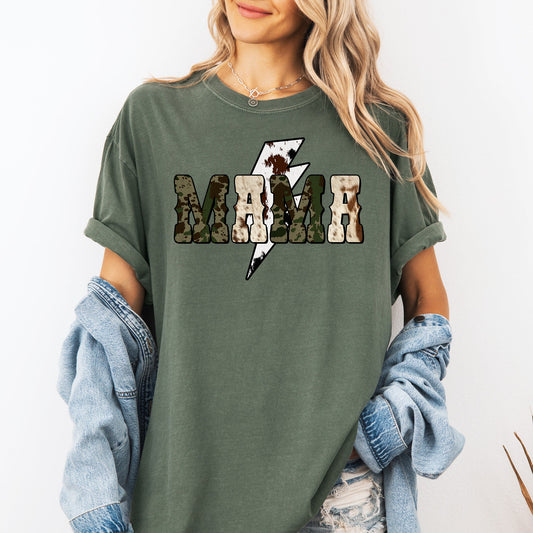 Mama, Cow Print, Checkered, Lightning Bolt, Retro, Mother's Day Tshirt Comfort Colors T-Shirt