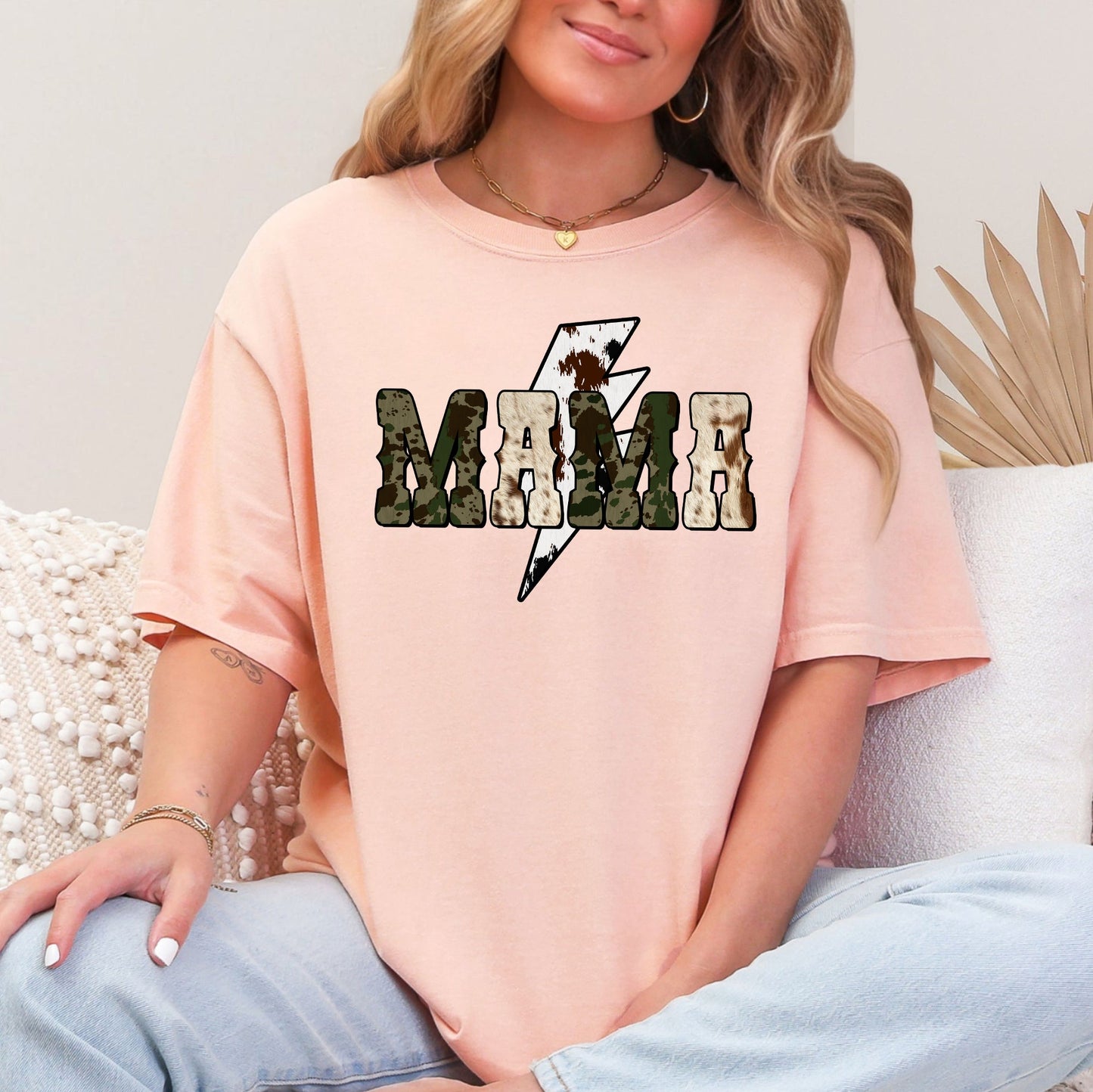 Mama, Cow Print, Checkered, Lightning Bolt, Retro, Mother's Day Tshirt Comfort Colors T-Shirt