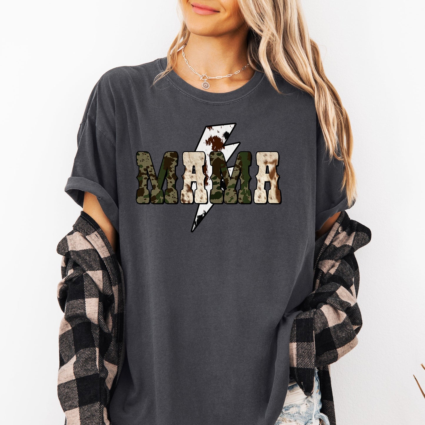 Mama, Cow Print, Checkered, Lightning Bolt, Retro, Mother's Day Tshirt Comfort Colors T-Shirt