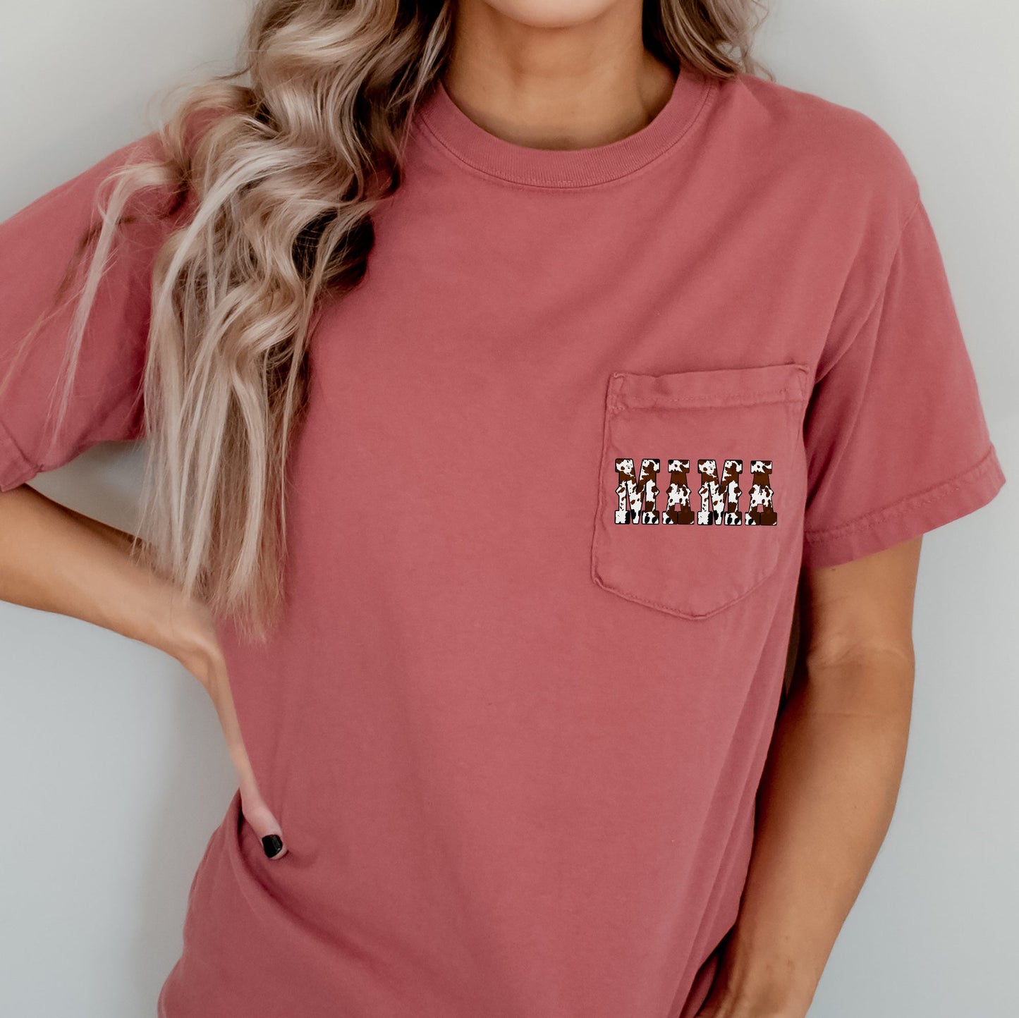Mama, Cow Print, Western, Country, Cowboy, Pocket Tee Comfort Colors T-Shirt