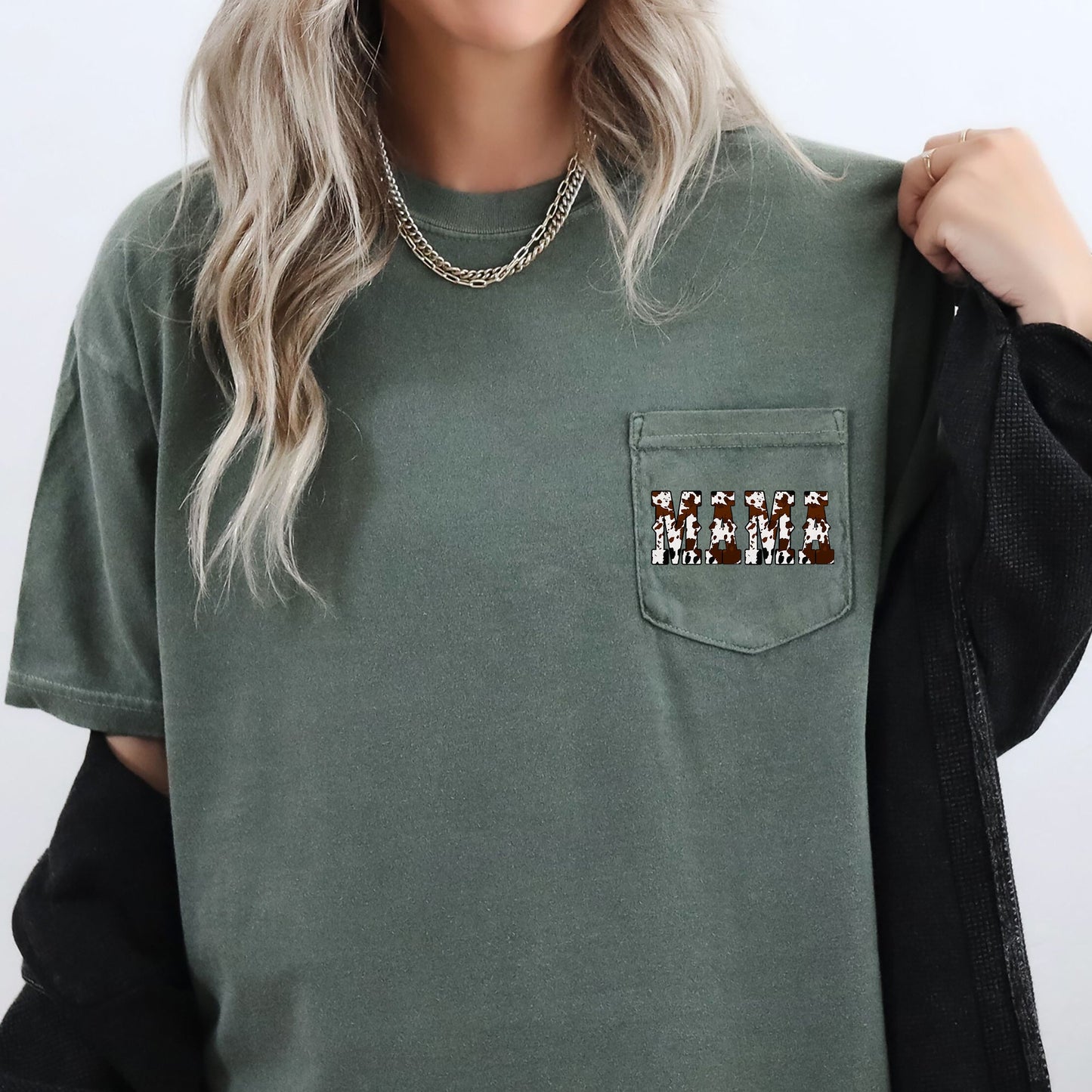 Mama, Cow Print, Western, Country, Cowboy, Pocket Tee Comfort Colors T-Shirt