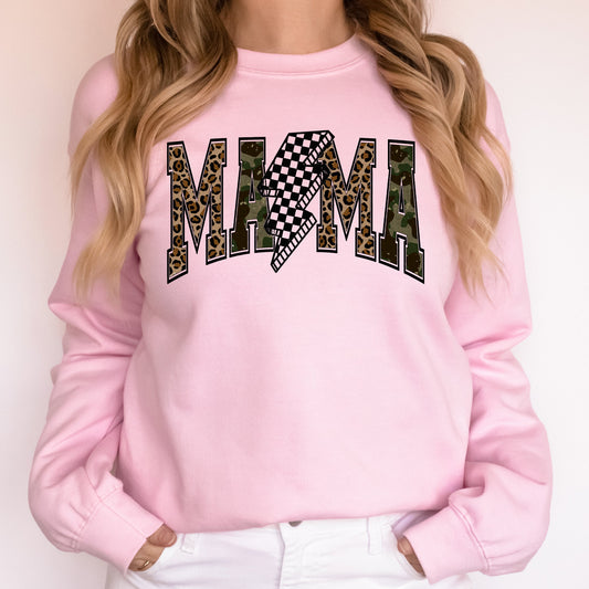 Mama, Leopard Print, Camo, Camouflage, Checkered, Lightning Bolt, Mother's Day Sweatshirt