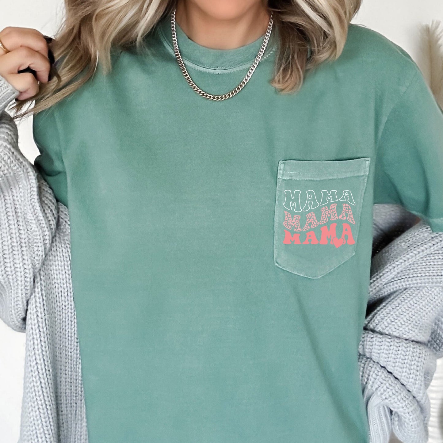 Mama, Leopard, Heart, Pocket Tee Comfort Colors T-Shirt