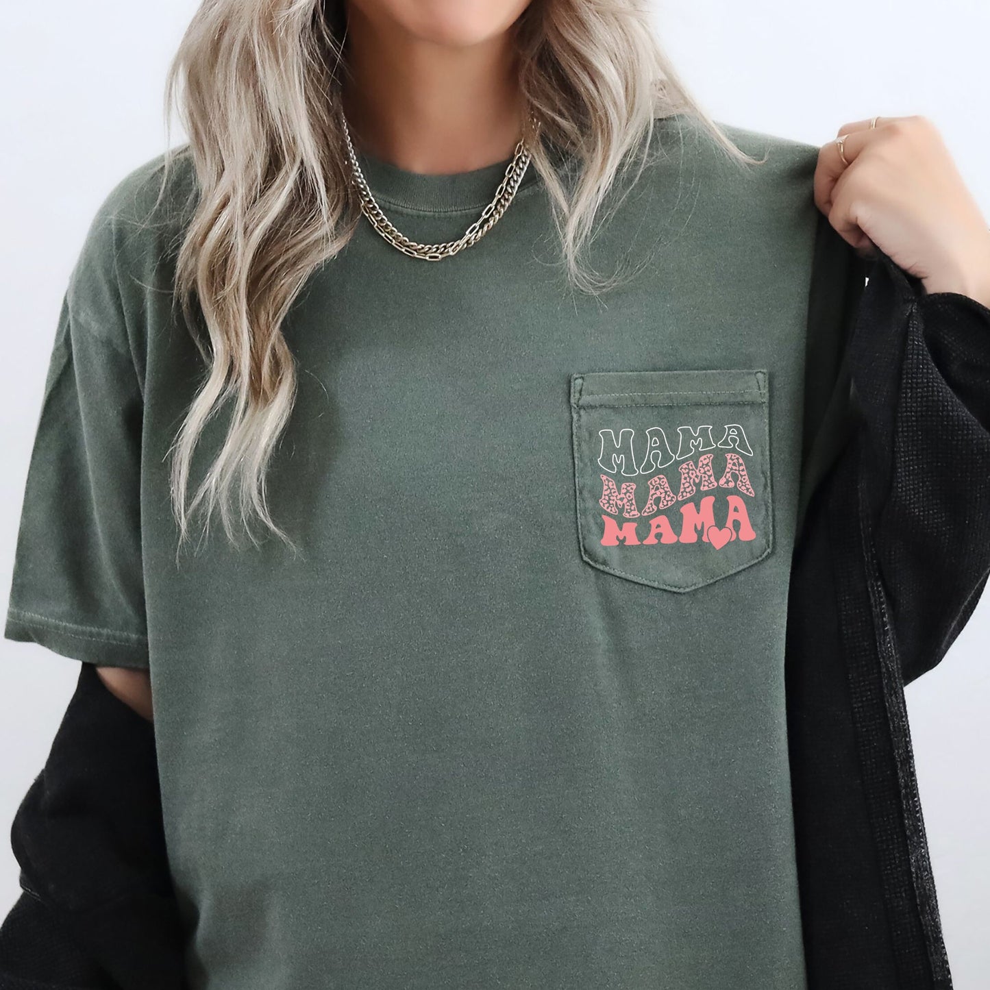 Mama, Leopard, Heart, Pocket Tee Comfort Colors T-Shirt