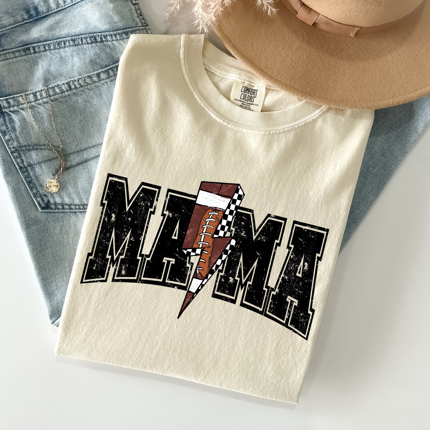 Mama, Lightening Bolt, Checkered, Football, Sports, Game Day, Big Game, Touchdown, Tailgate Party Tshirt Comfort Colors T-Shirt