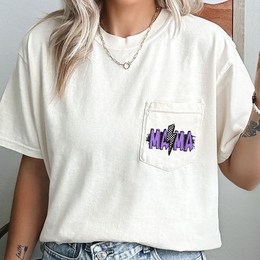 Mama, Lightening Bolt, Checkered, Retro, Pocket Tee Comfort Colors T-Shirt