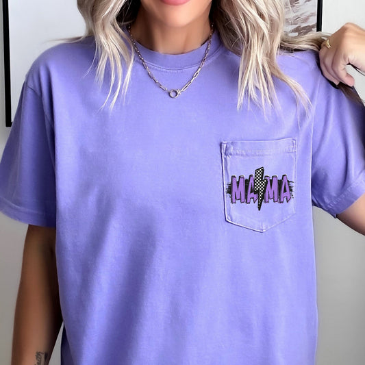 Mama, Lightening Bolt, Checkered, Retro, Pocket Tee Comfort Colors T-Shirt