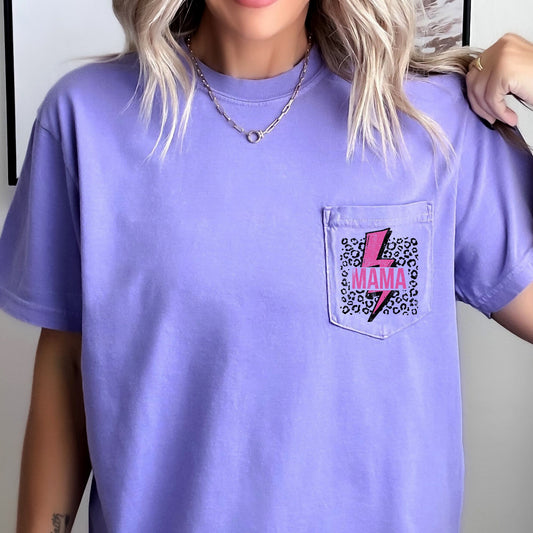 Mama, Lightening Bolt, Leopard Print, Pink, Pocket Tee Comfort Colors T-Shirt