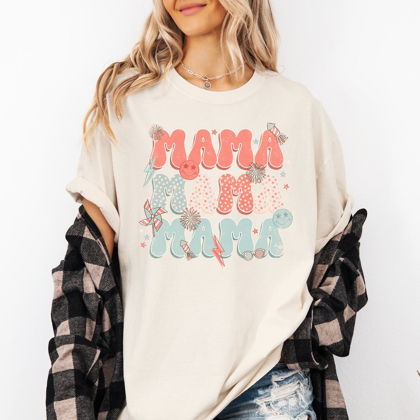 Mama, Patriotic, 4th of July, Fireworks, Retro, USA, America, 4th of July Tshirt Comfort Colors T-Shirt