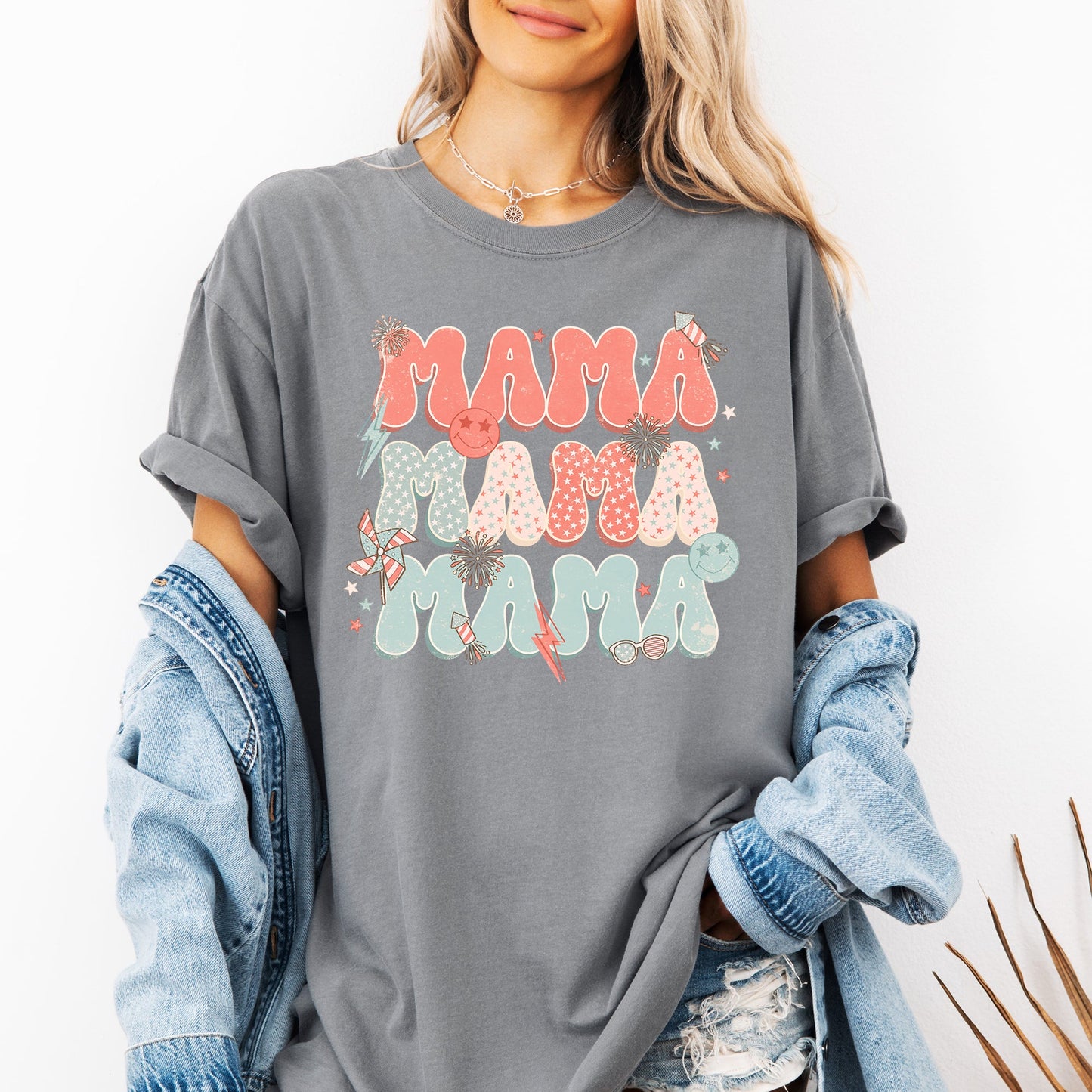 Mama, Patriotic, 4th of July, Fireworks, Retro, USA, America, 4th of July Tshirt Comfort Colors T-Shirt