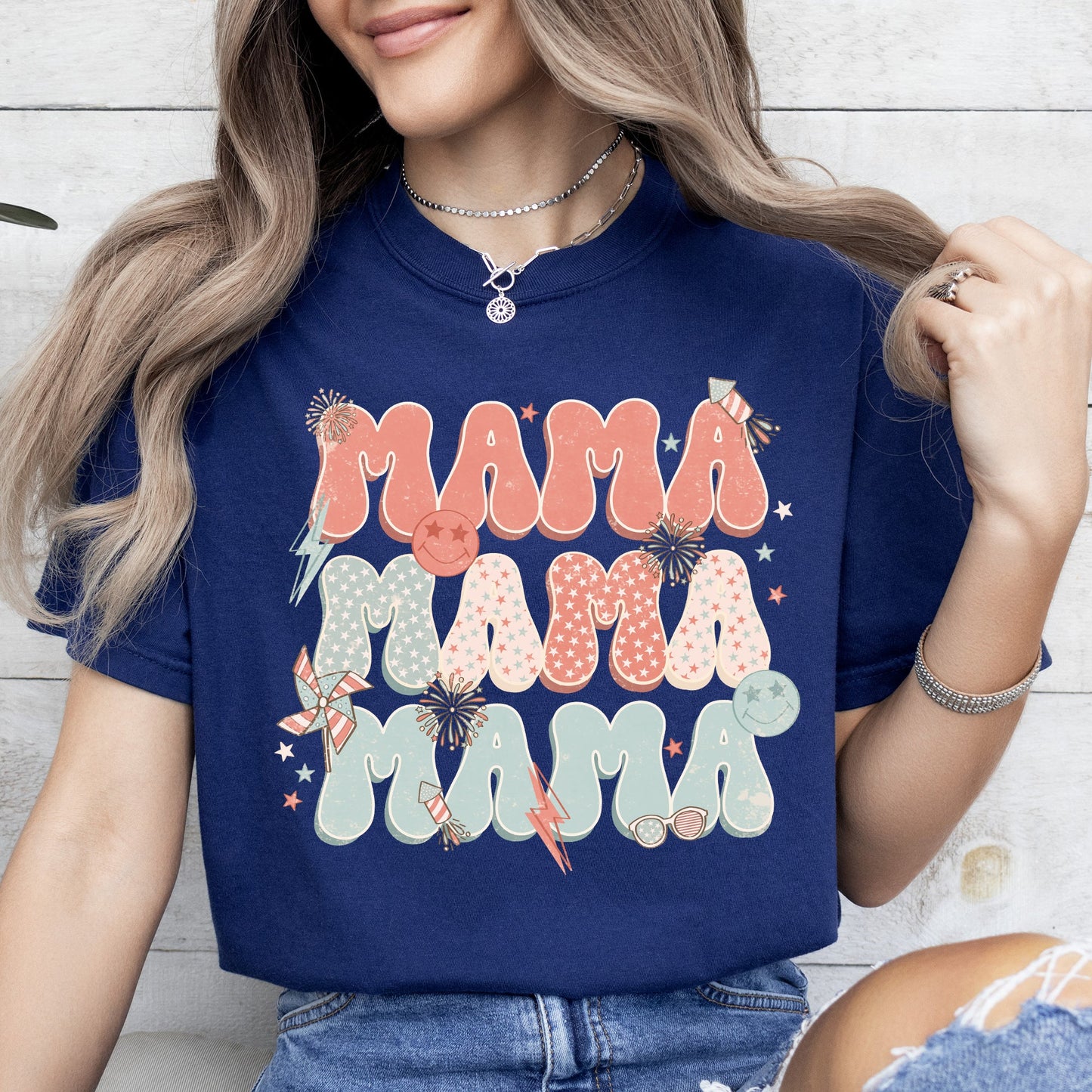 Mama, Patriotic, 4th of July, Fireworks, Retro, USA, America, 4th of July Tshirt Comfort Colors T-Shirt