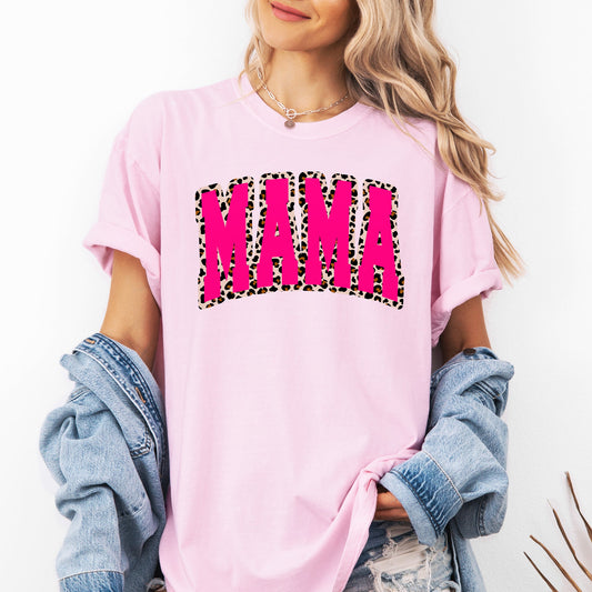 Mama, Pink Leopard Print, Retro, Varsity, Mother's Day Tshirt Comfort Colors T-Shirt