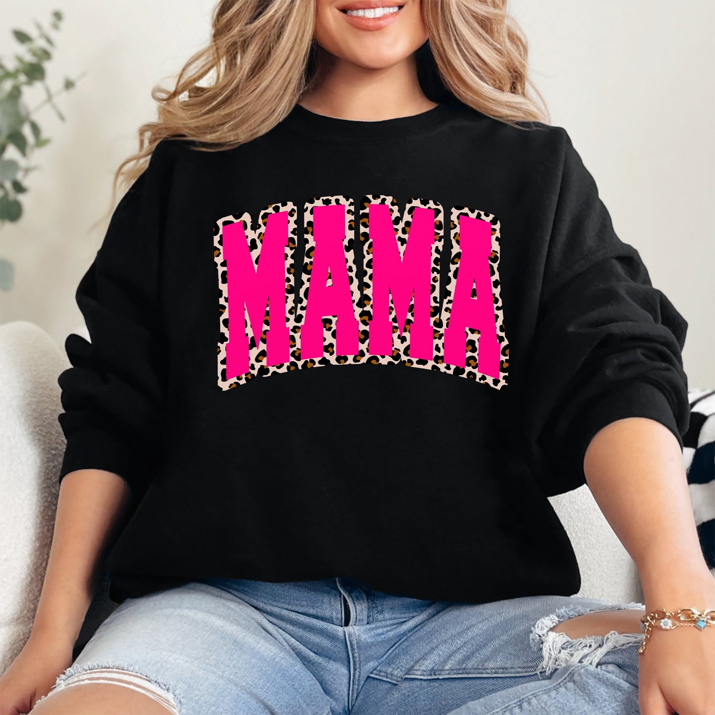 Mama, Pink Leopard Print, Retro, Varsity, Mother's Day Sweatshirt