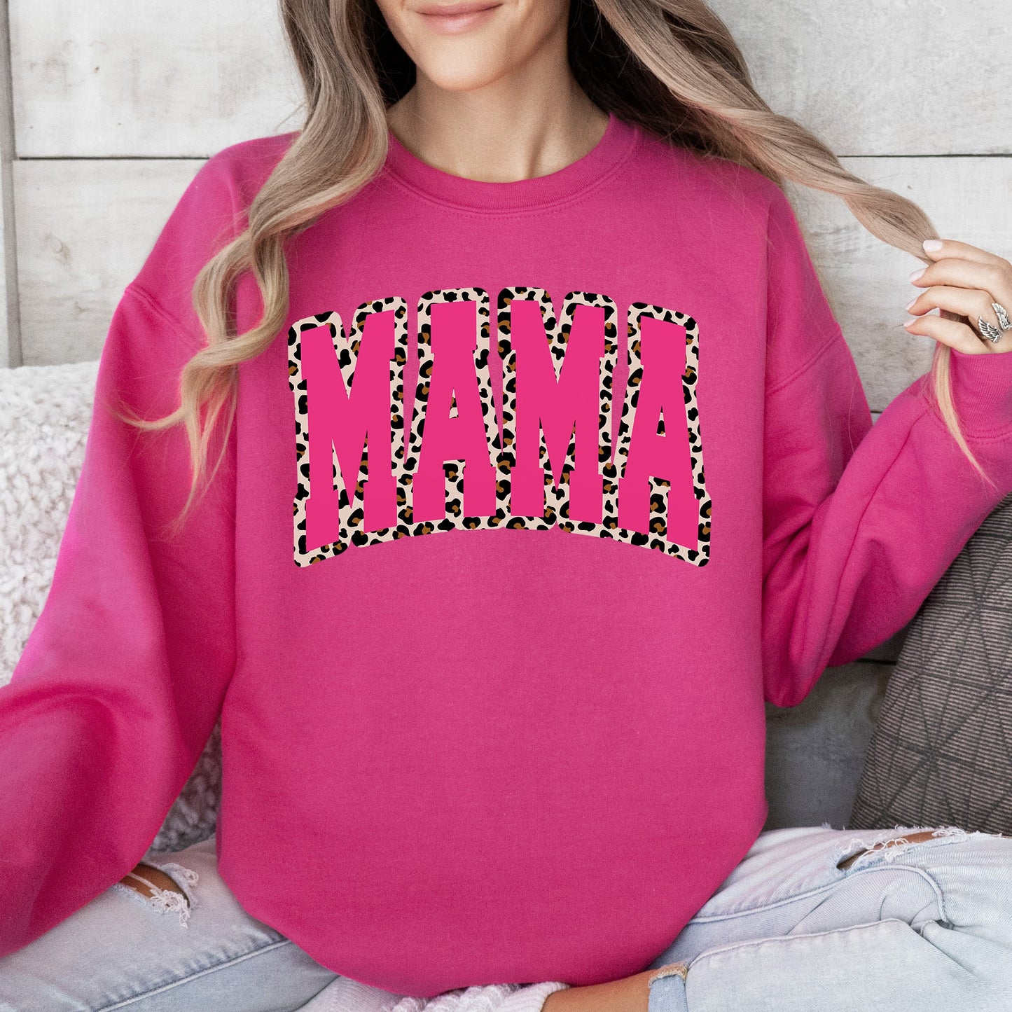 Mama, Pink Leopard Print, Retro, Varsity, Mother's Day Sweatshirt