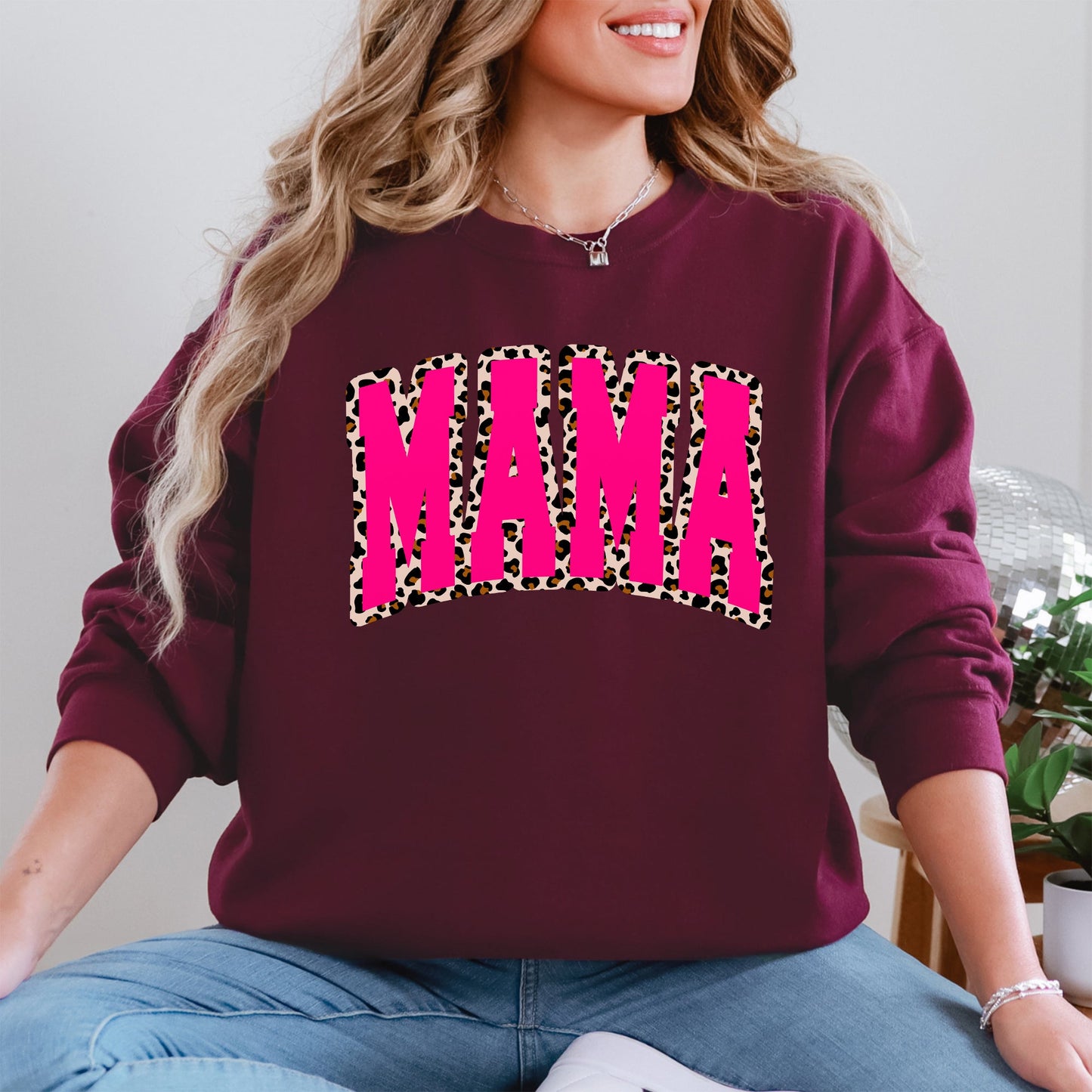 Mama, Pink Leopard Print, Retro, Varsity, Mother's Day Sweatshirt