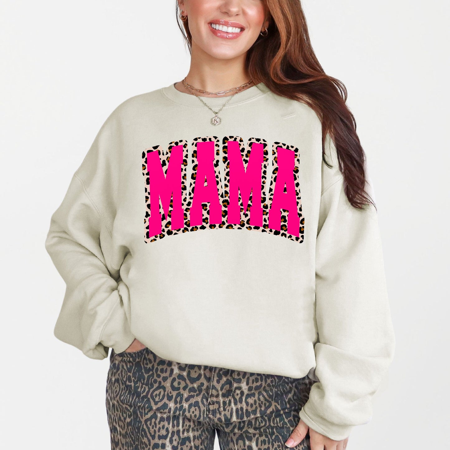 Mama, Pink Leopard Print, Retro, Varsity, Mother's Day Sweatshirt