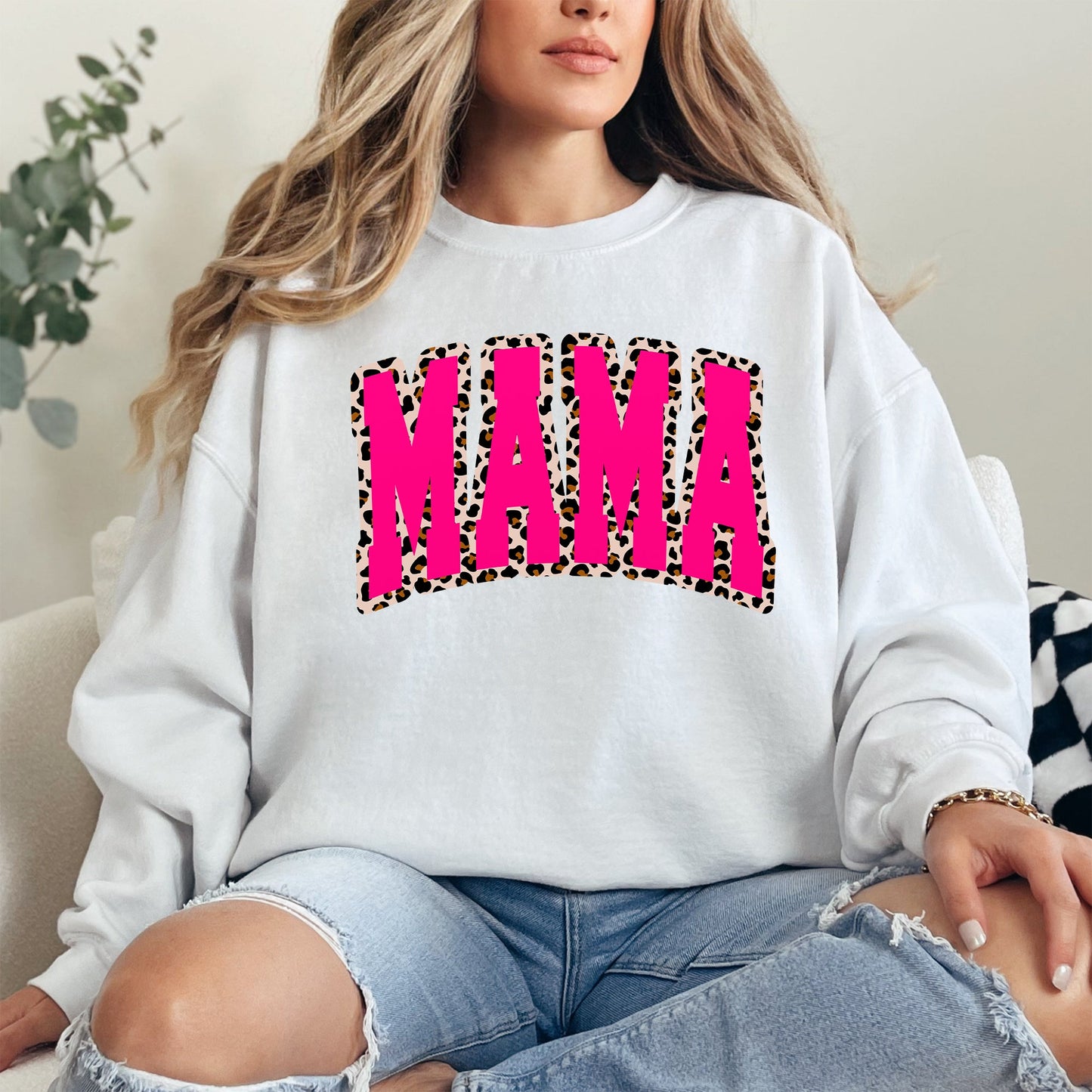 Mama, Pink Leopard Print, Retro, Varsity, Mother's Day Sweatshirt