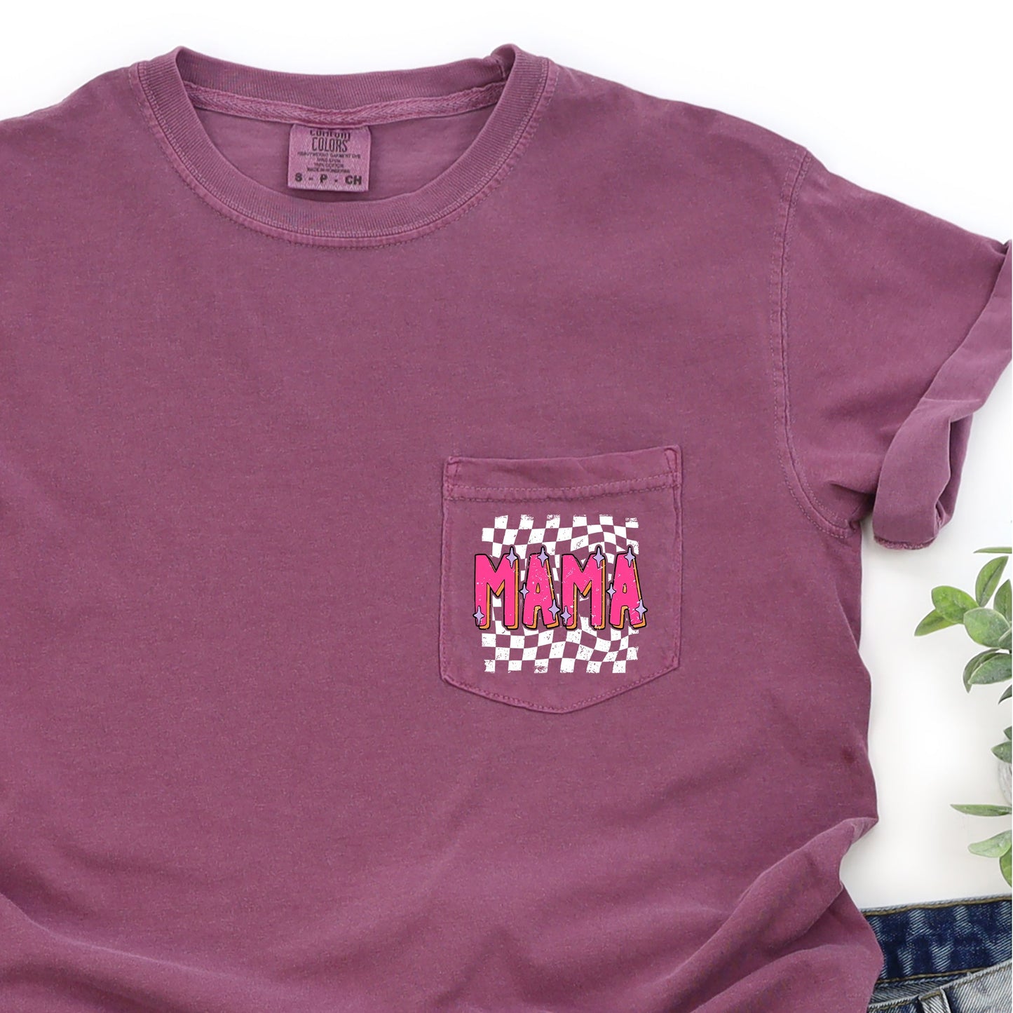 Mama, Retro Checkered, Colorful, Pocket Tee Comfort Colors T-Shirt