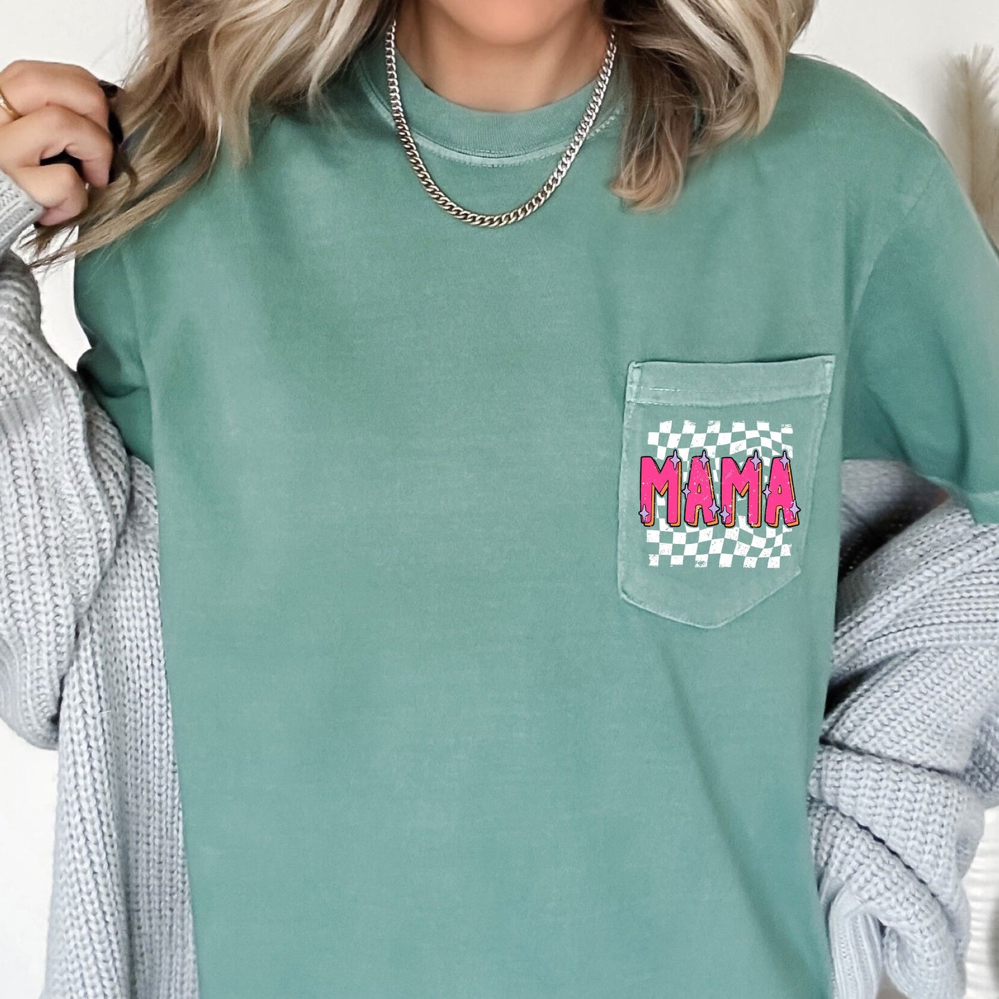 Mama, Retro Checkered, Colorful, Pocket Tee Comfort Colors T-Shirt