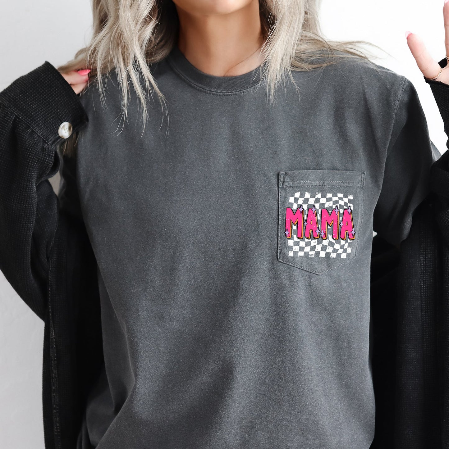 Mama, Retro Checkered, Colorful, Pocket Tee Comfort Colors T-Shirt