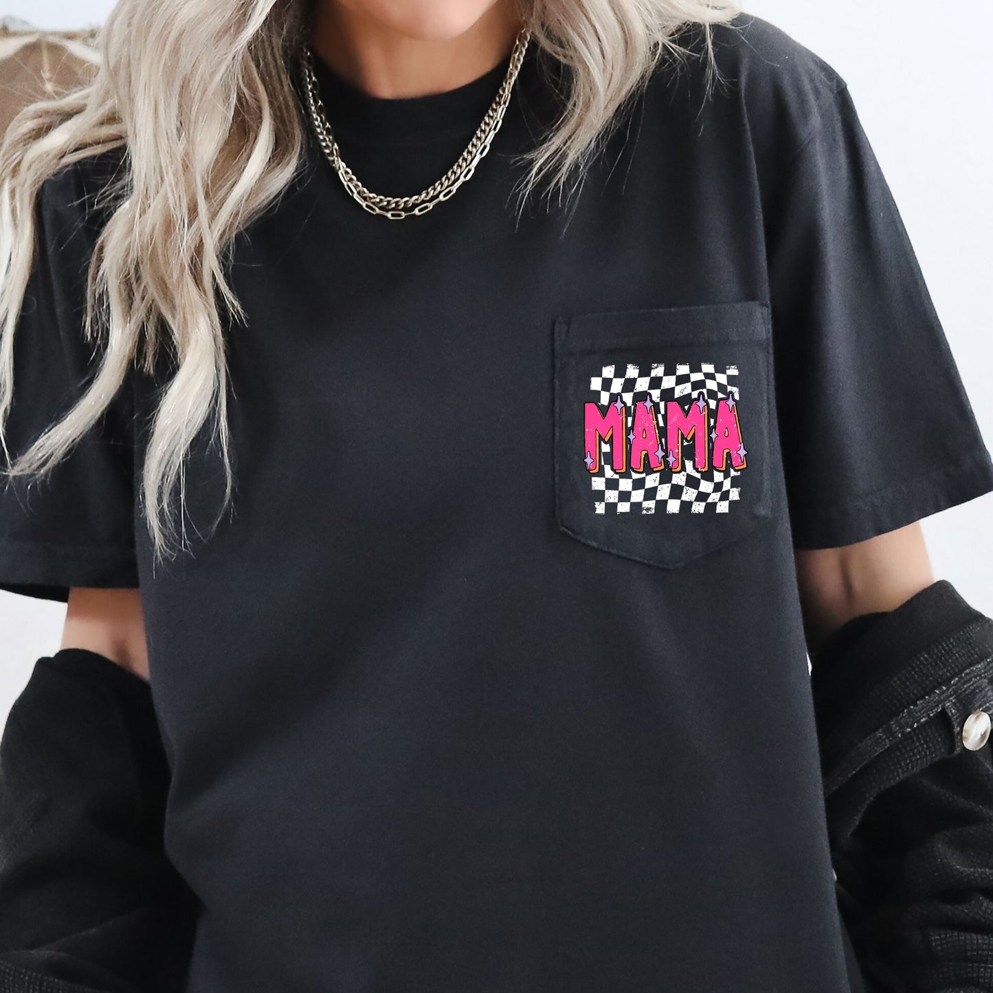 Mama, Retro Checkered, Colorful, Pocket Tee Comfort Colors T-Shirt