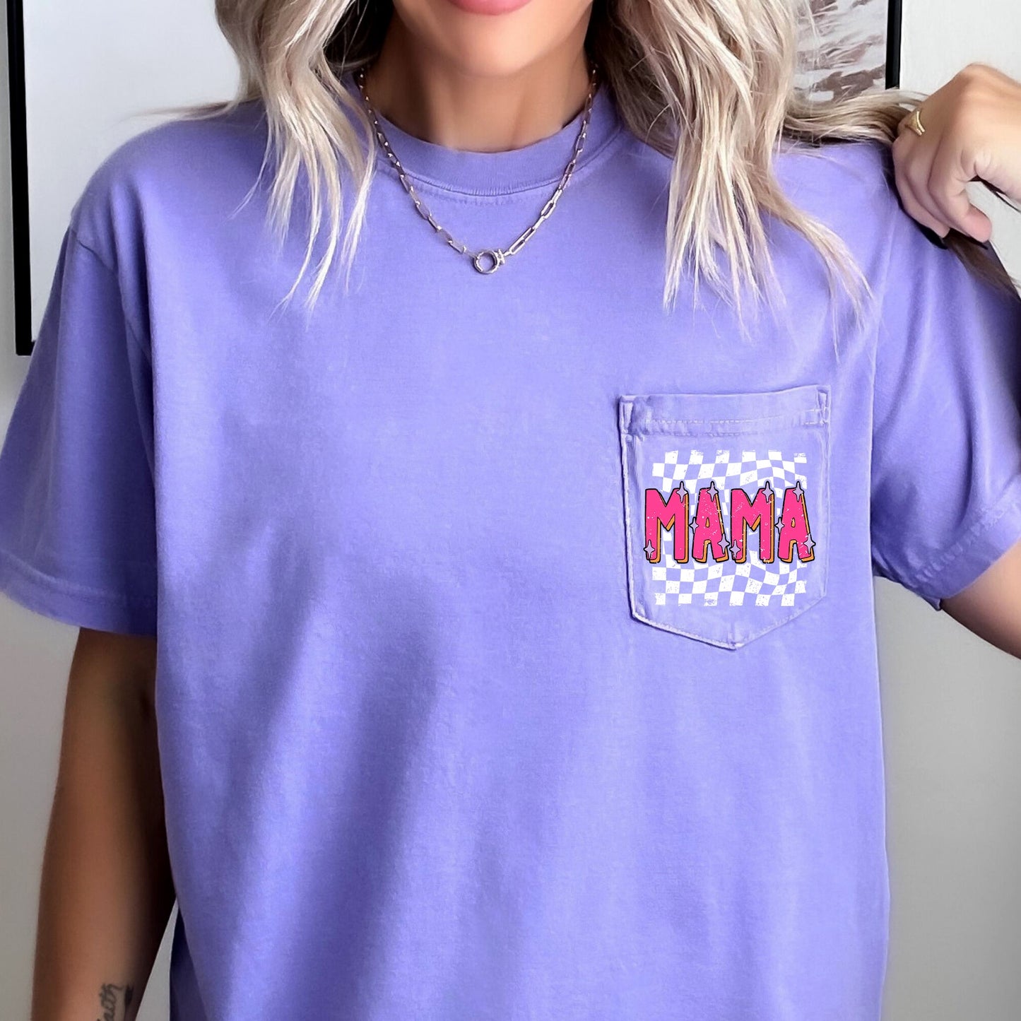 Mama, Retro Checkered, Colorful, Pocket Tee Comfort Colors T-Shirt