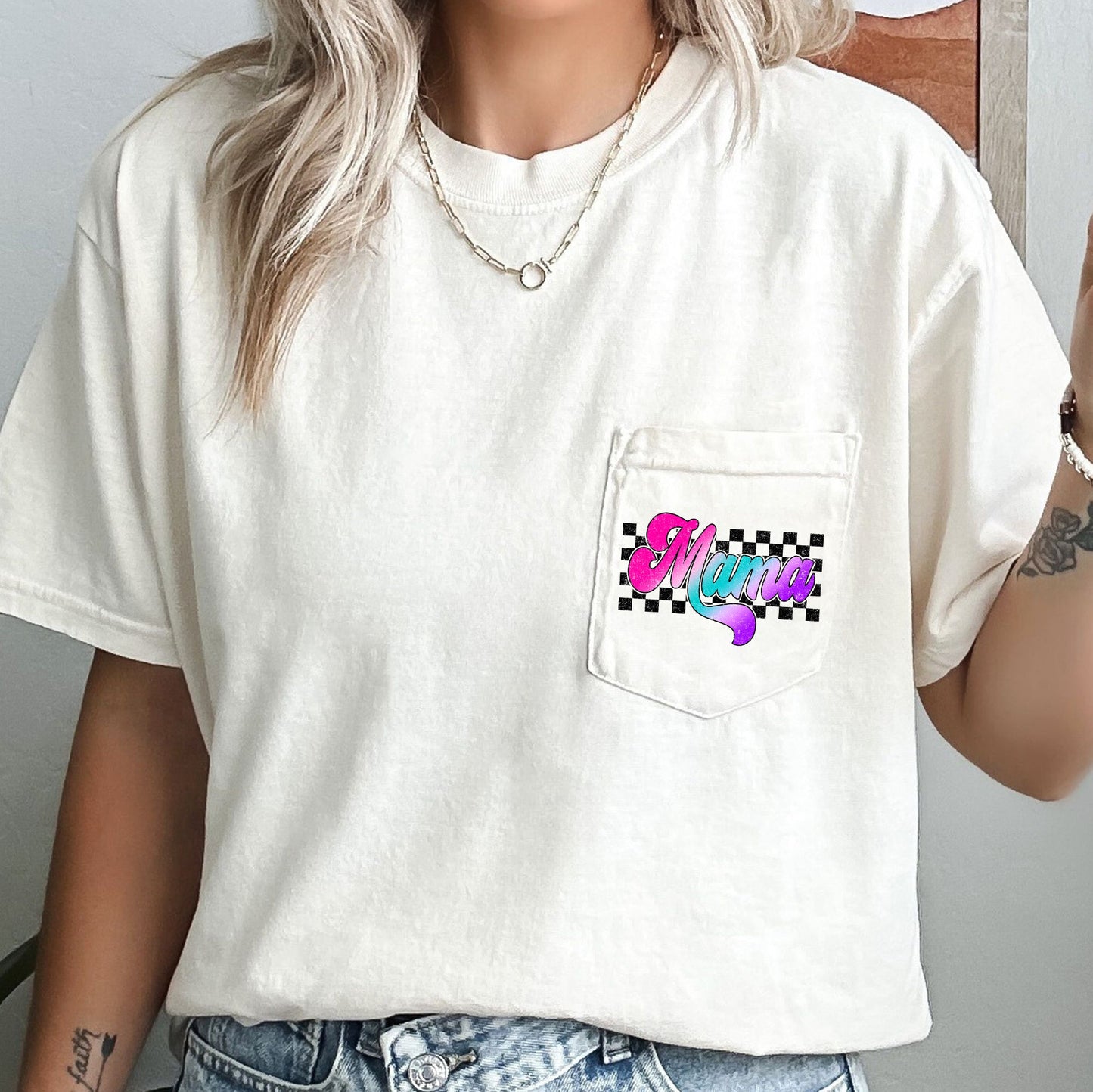 Mama, Retro Checkered, Lightening Bolt, Colorful Ombre, Pocket Tee Comfort Colors T-Shirt
