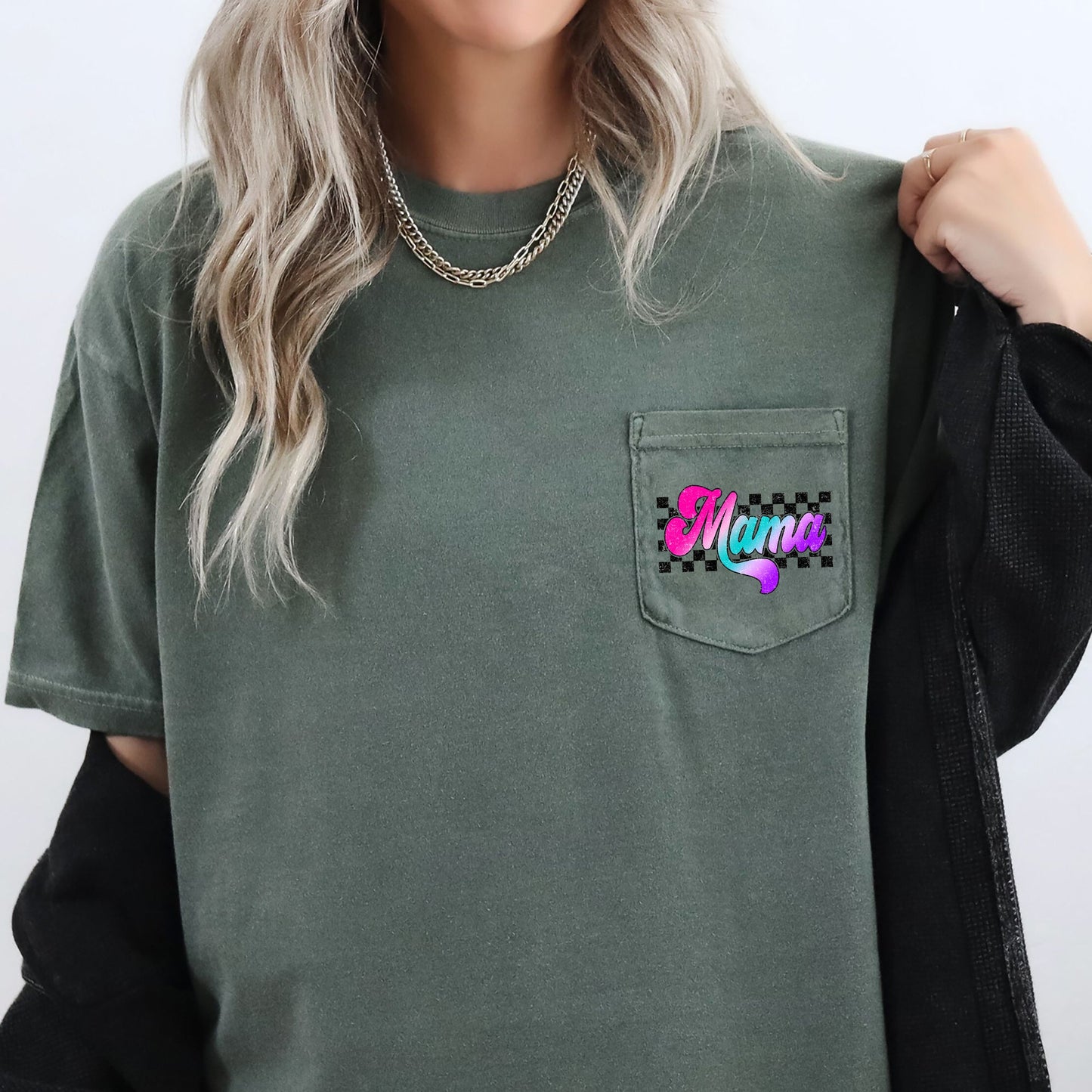 Mama, Retro Checkered, Lightening Bolt, Colorful Ombre, Pocket Tee Comfort Colors T-Shirt