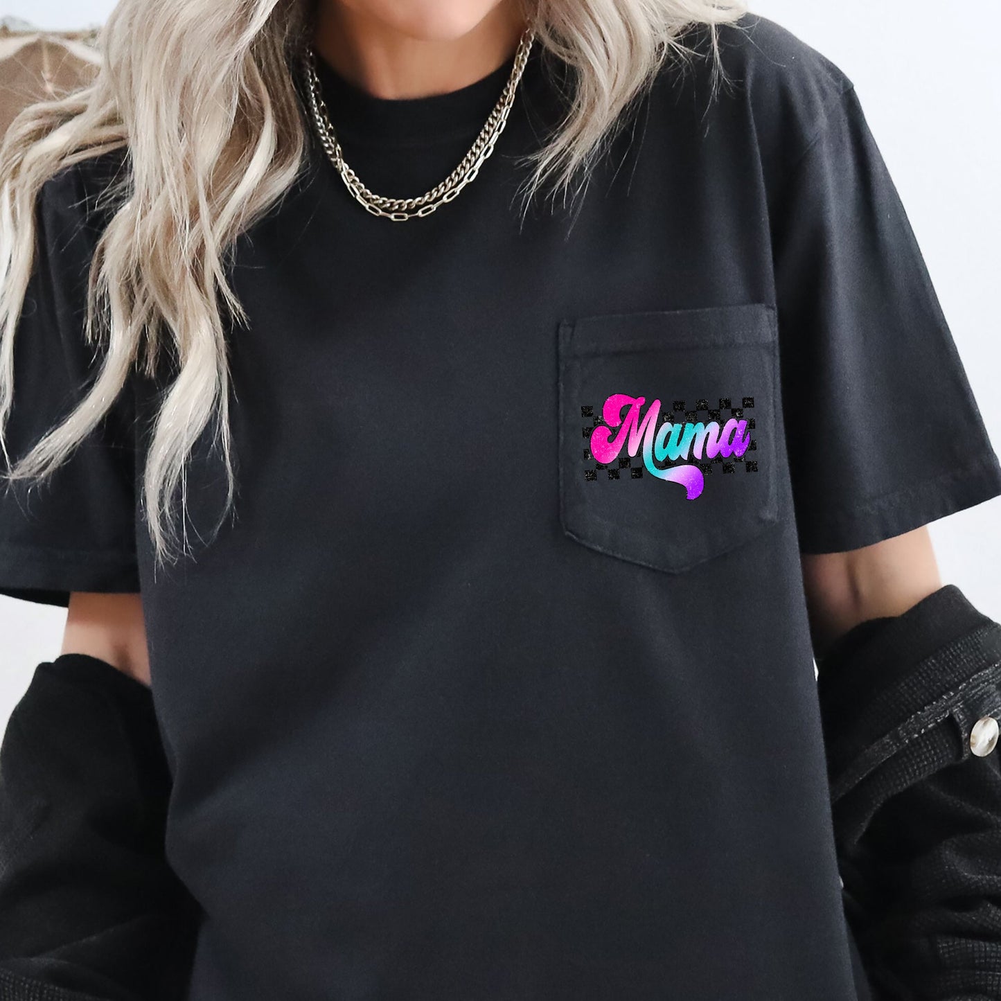 Mama, Retro Checkered, Lightening Bolt, Colorful Ombre, Pocket Tee Comfort Colors T-Shirt