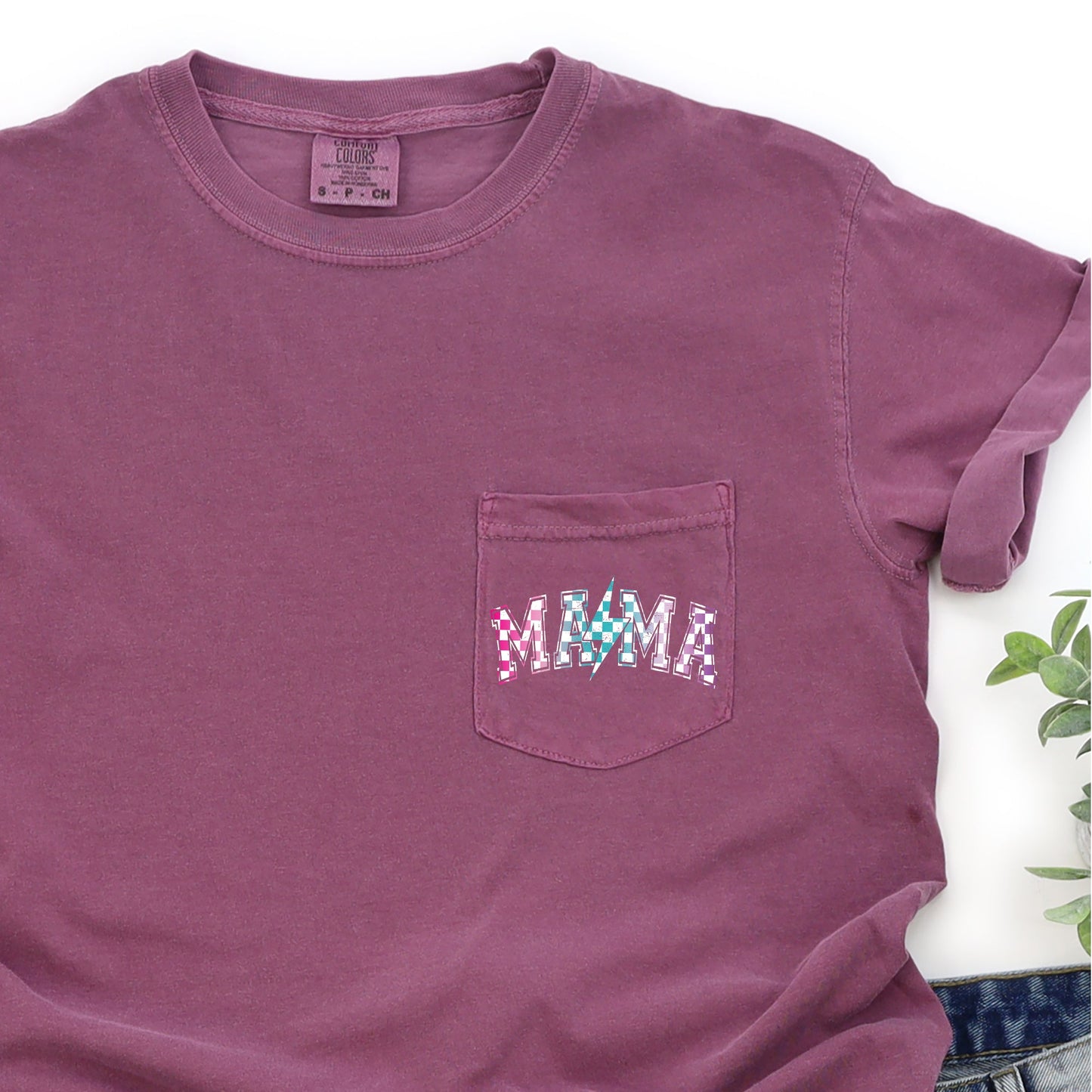 Mama, Retro Checkered, Lightening Bolt, Colorful, Pocket Tee Comfort Colors T-Shirt