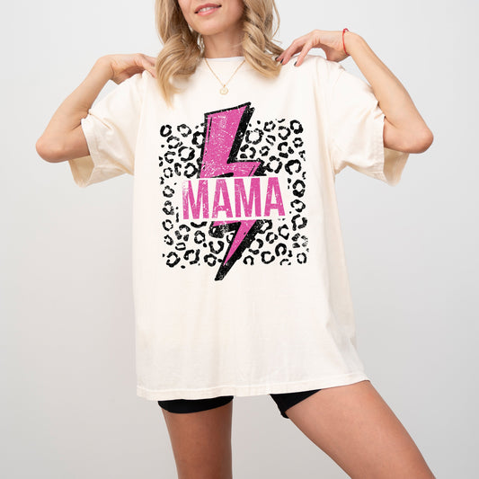 Mama, Retro Lightening Bolt, Leopard Print, Pink, Vintage, Tshirt Comfort Colors T-Shirt