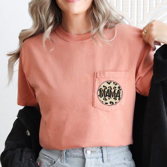 Mama, Retro, Western, Leopard Print, Circle, Pocket Tee Comfort Colors T-Shirt