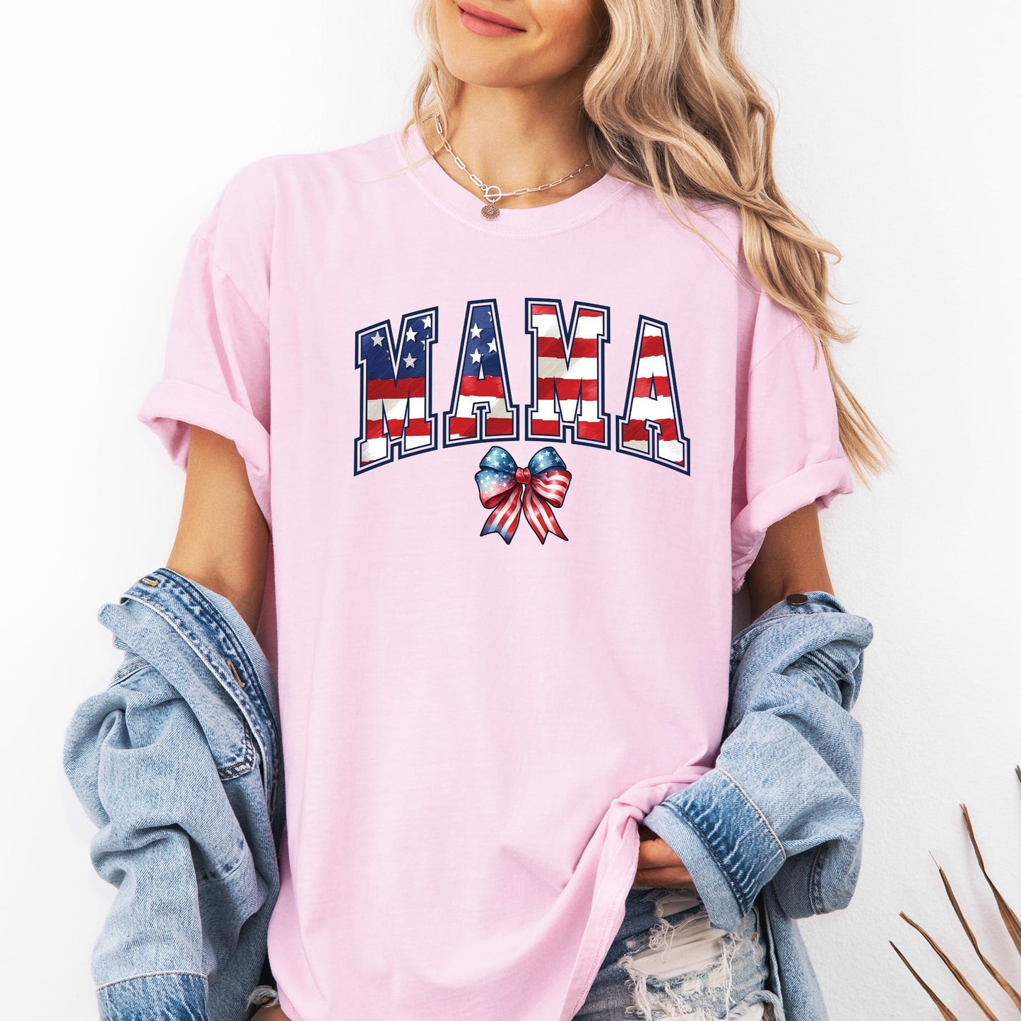 Mama, USA Flag, Patriotic, Varsity, Bow, Ribbon, America, 4th of July Tshirt Comfort Colors T-Shirt
