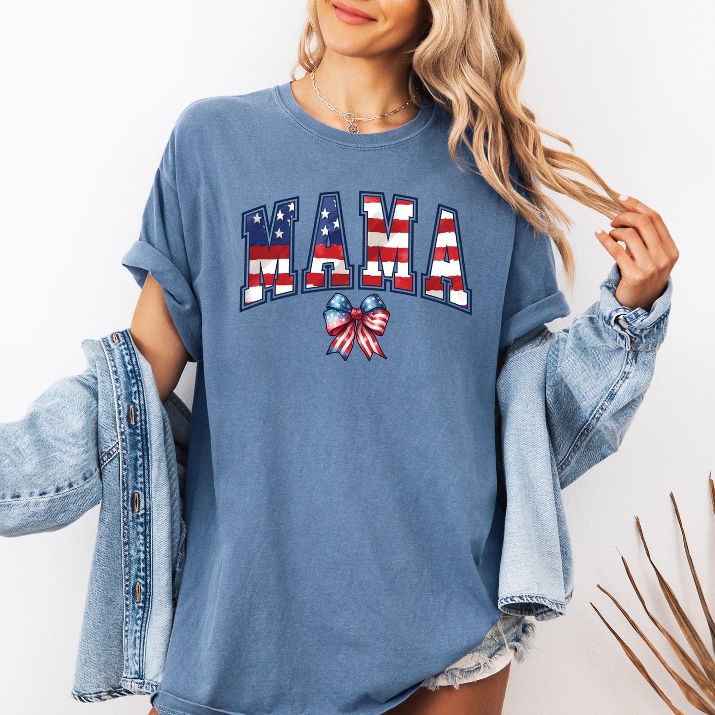 Mama, USA Flag, Patriotic, Varsity, Bow, Ribbon, America, 4th of July Tshirt Comfort Colors T-Shirt